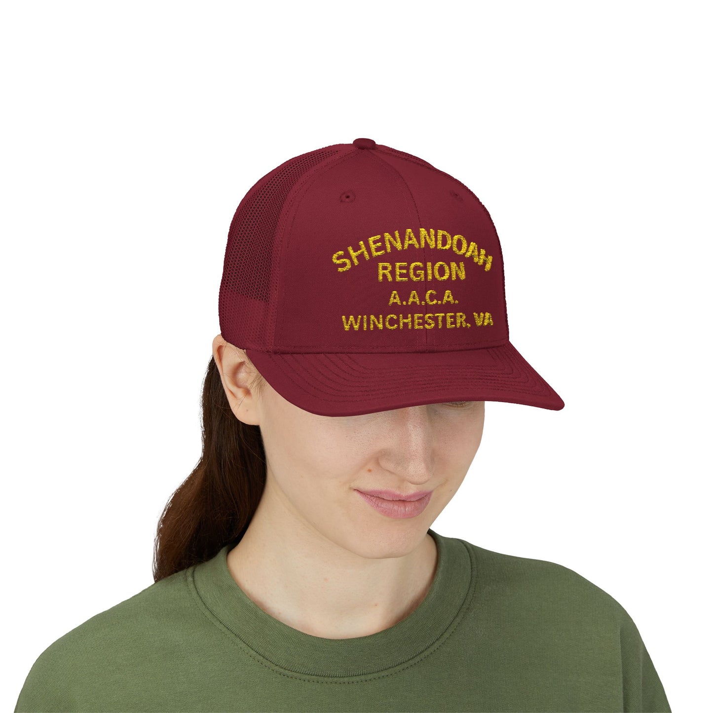 Shenandoah Region Embroidered Trucker Cap — "Shenandoah Region A.A.C.A. Winchester, VA" Mesh Snapback