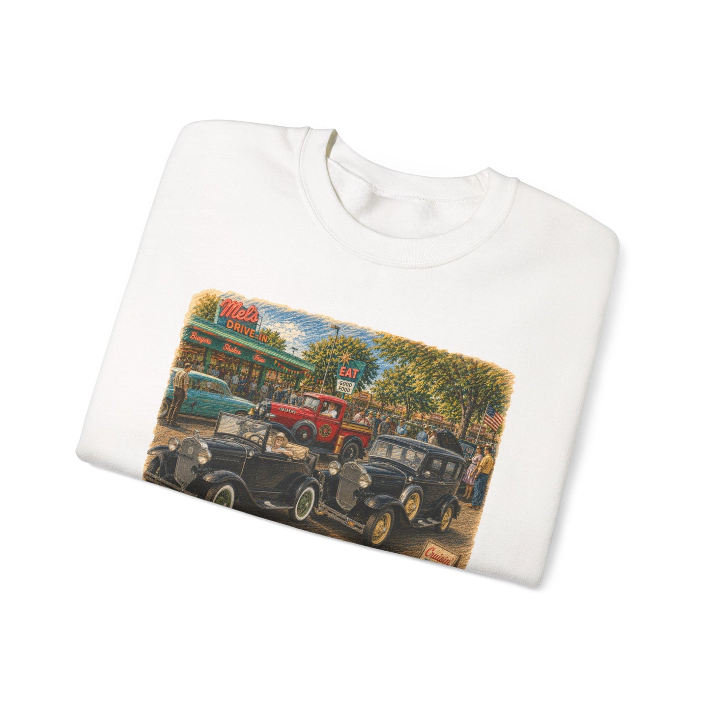 Mel's Drive-In (LTG) Crewneck Sweatshirt — Retro Antique Car Scene