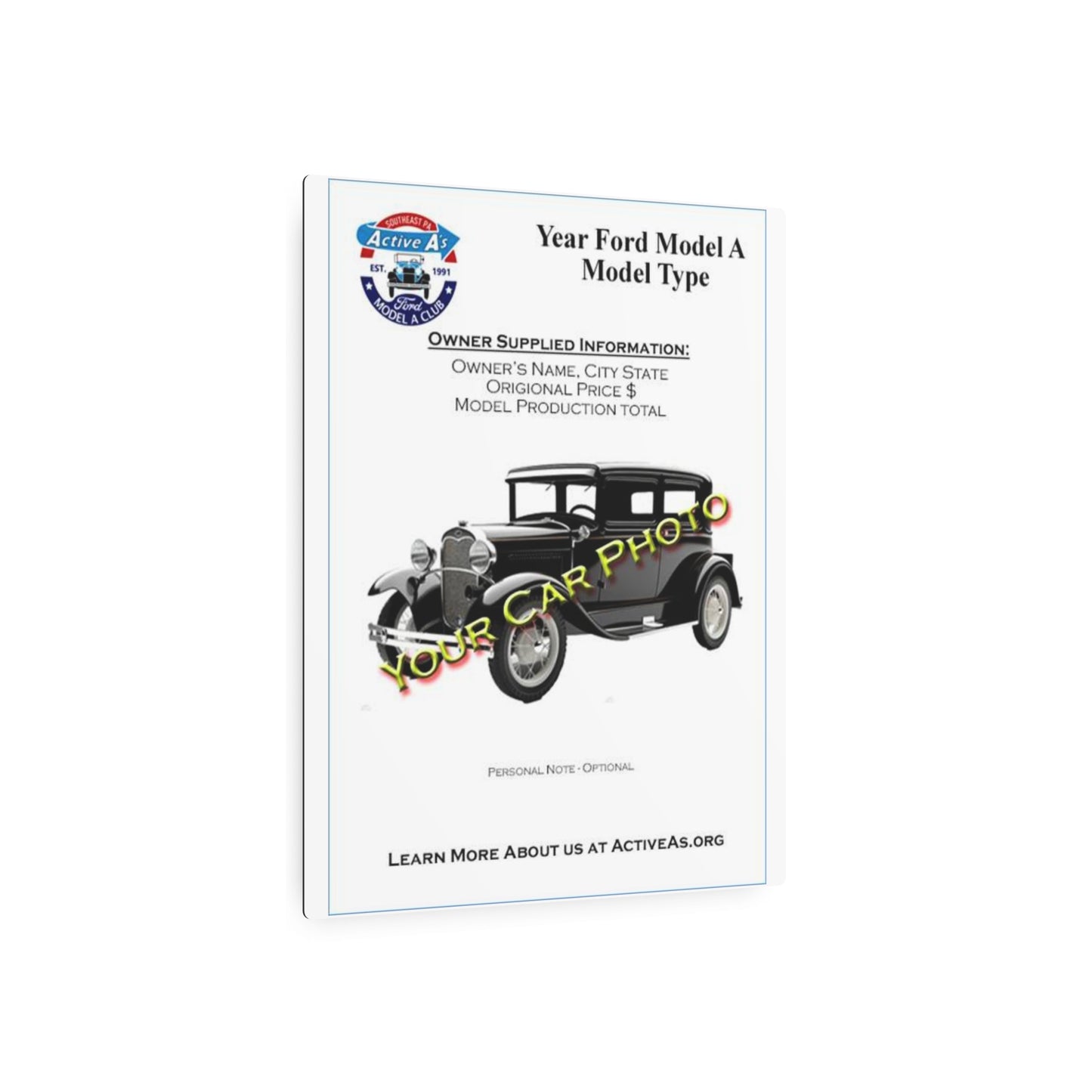 Active A's Ford Model A Club Metal Art Sign — “Southeast PA Active A’s” Vintage Car Emblem (Est. 1991)