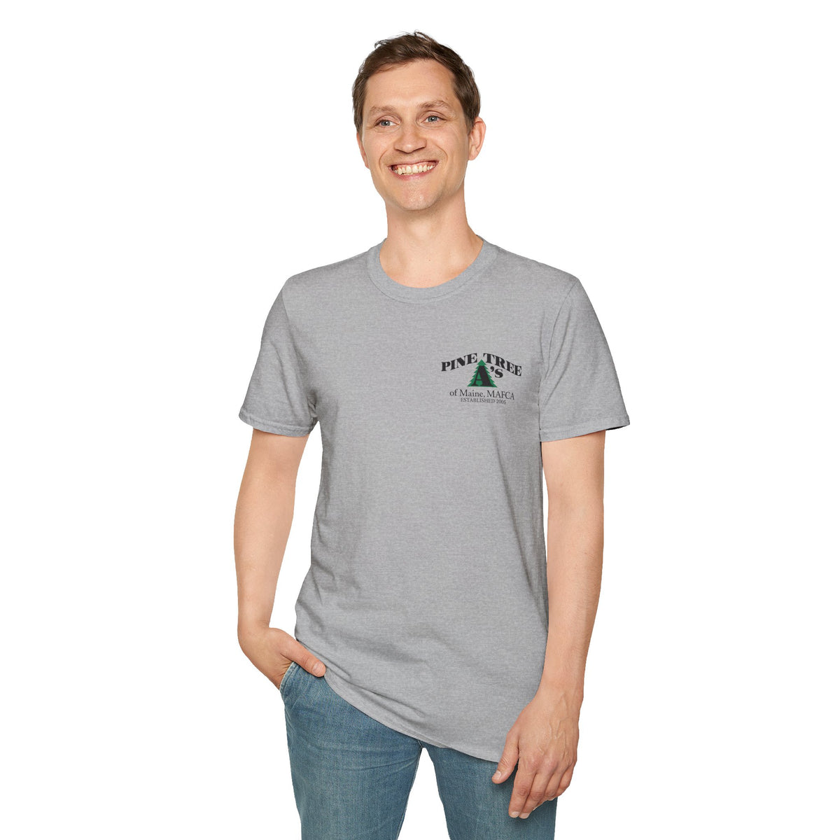 Pine Tree A's of Maine, MAFCA T‑Shirt with Front and Back Logos — Unisex Softstyle T-Shirt