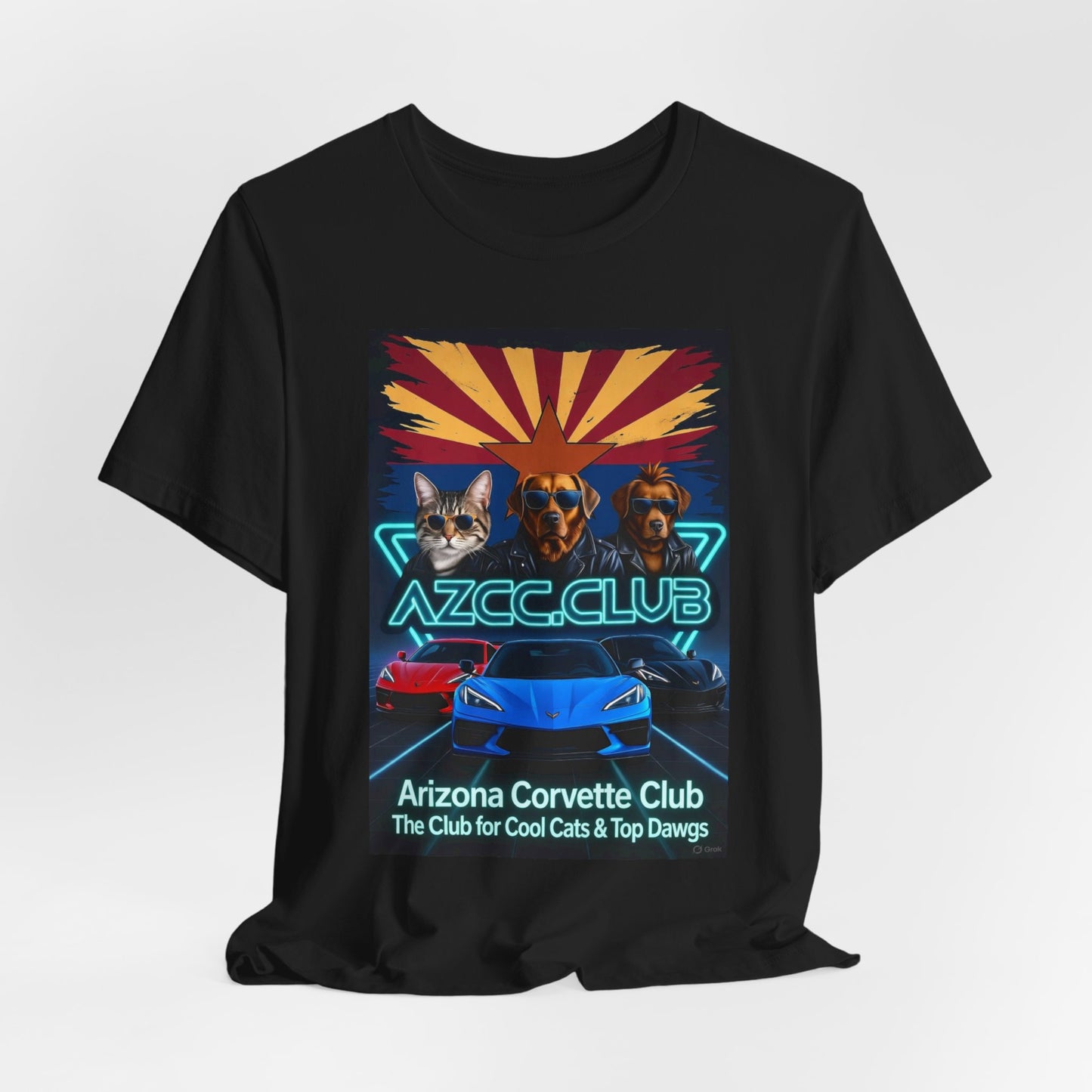 Arizona Corvette Club Tee — "AZCC.CLUB" Neon Retro Cat & Dog Corvette Tee