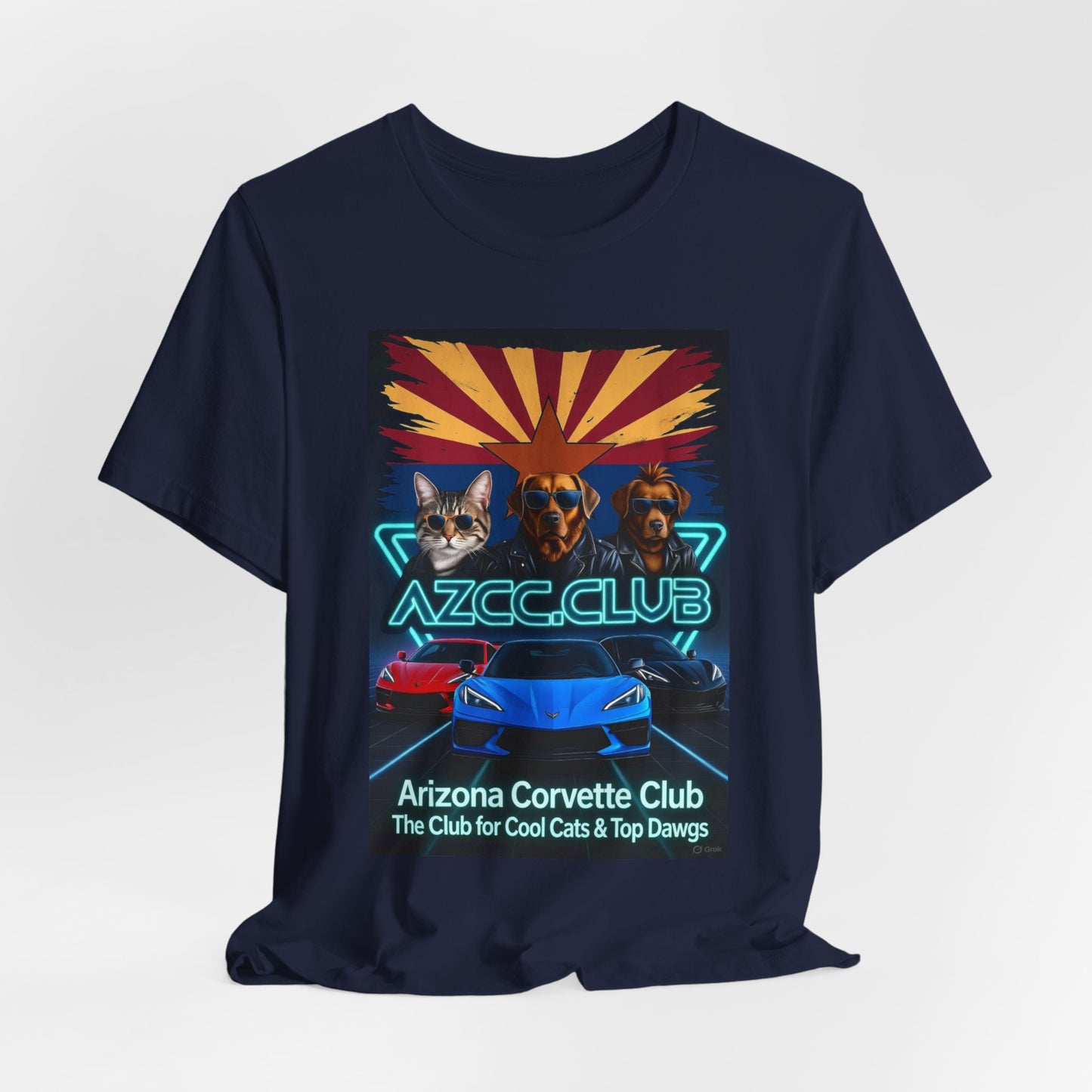 Arizona Corvette Club Tee — "AZCC.CLUB" Neon Retro Cat & Dog Corvette Tee
