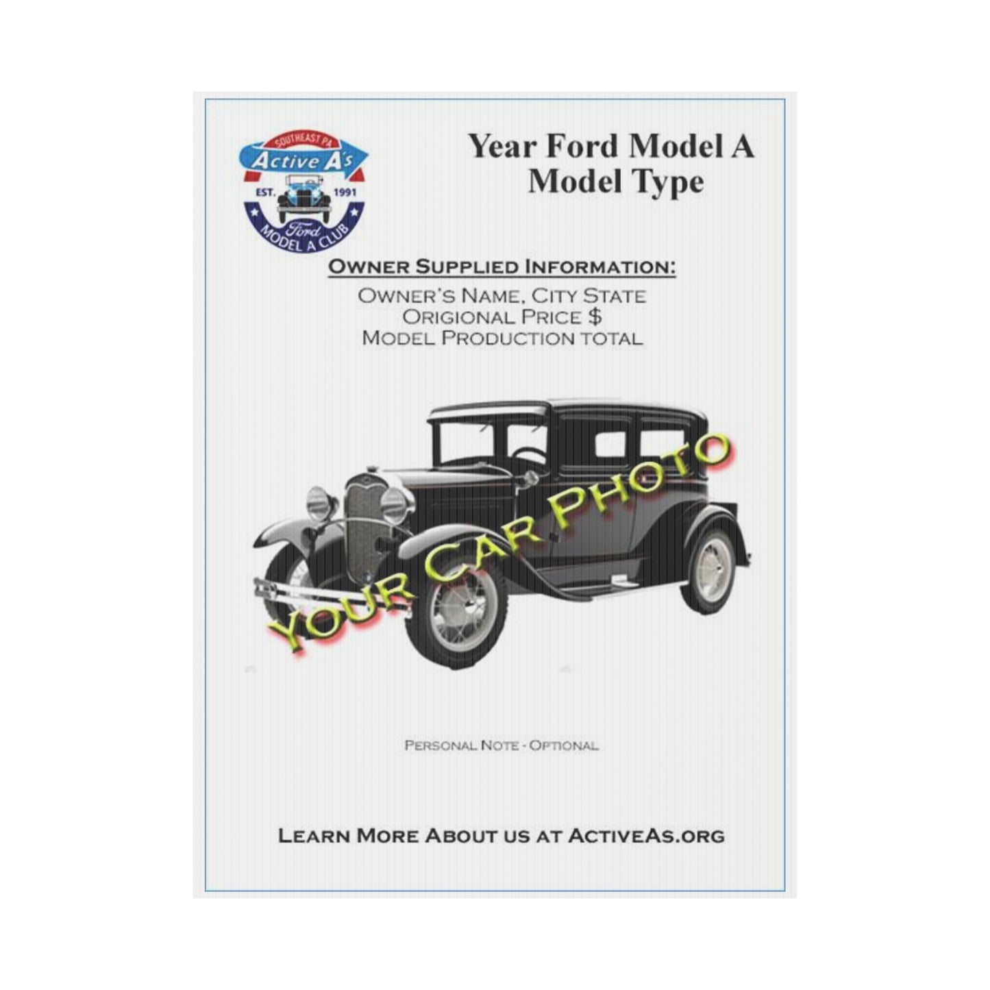 Active A's Ford Model A Club Plastic Sign — "Active A’s" Southeast PA Ford Model A Club Vintage Car Design