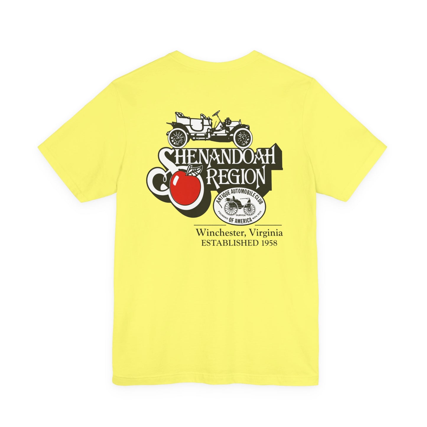 Shenandoah Region AACA Tee — Small White AACA Logo on Front and Large White Shenandoah Region AACA Logo on Back