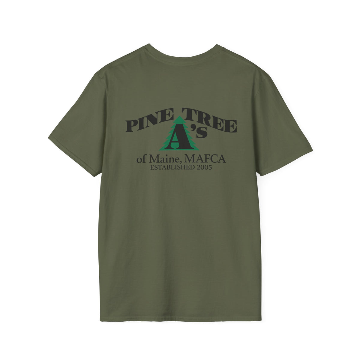 Pine Tree A's of Maine, MAFCA T‑Shirt with Front and Back Logos — Unisex Softstyle T-Shirt
