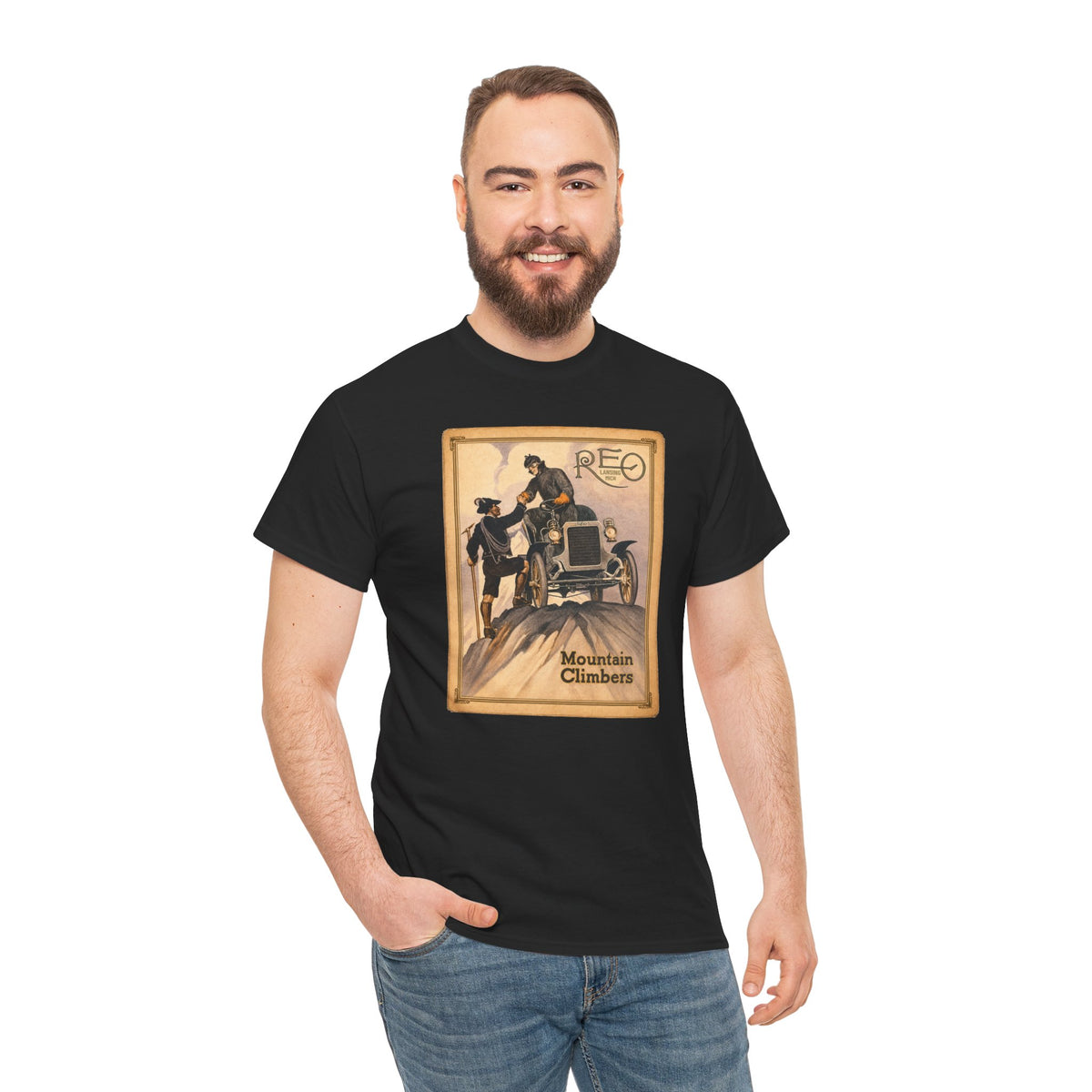 REO Lansing Michigan Mountain Climbers T-Shirt - Unisex Heavy Cotton Tee