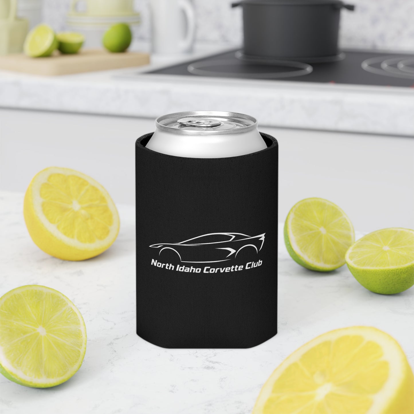 North Idaho Corvette Club Can Cooler — Black Neoprene Drink Koozie