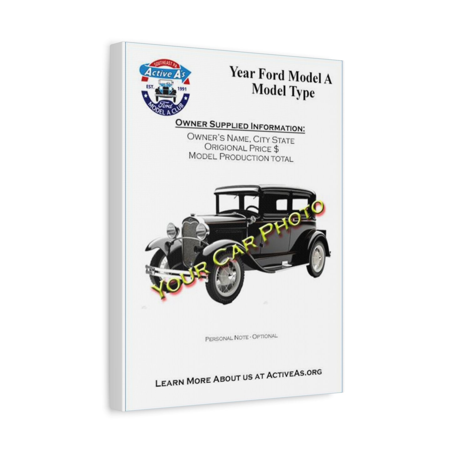 Active A's Ford Model A Club Custom Canvas Print – (Add Your Car Photo)