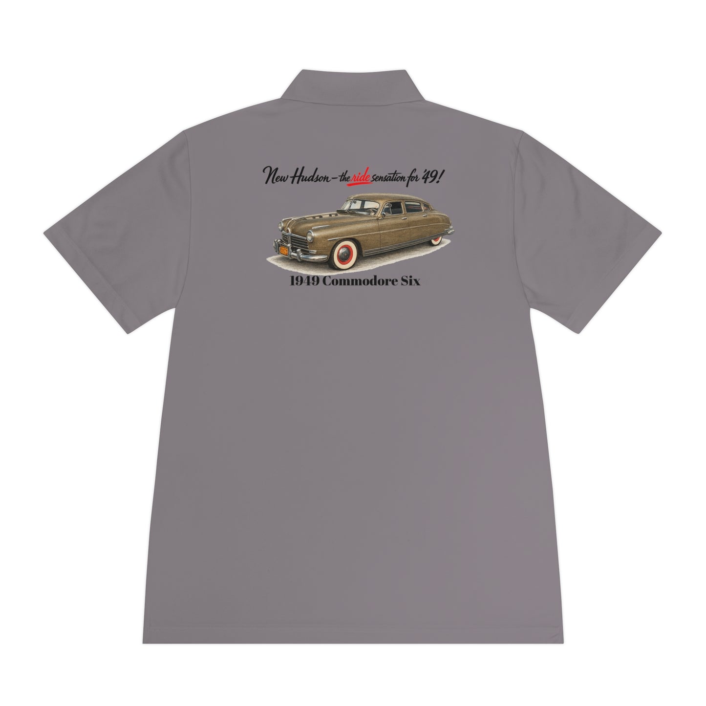 1949 Hudson Commodore Six Polo Shirt — Vintage Hudson Car Graphic Men's Sport Polo (DT)