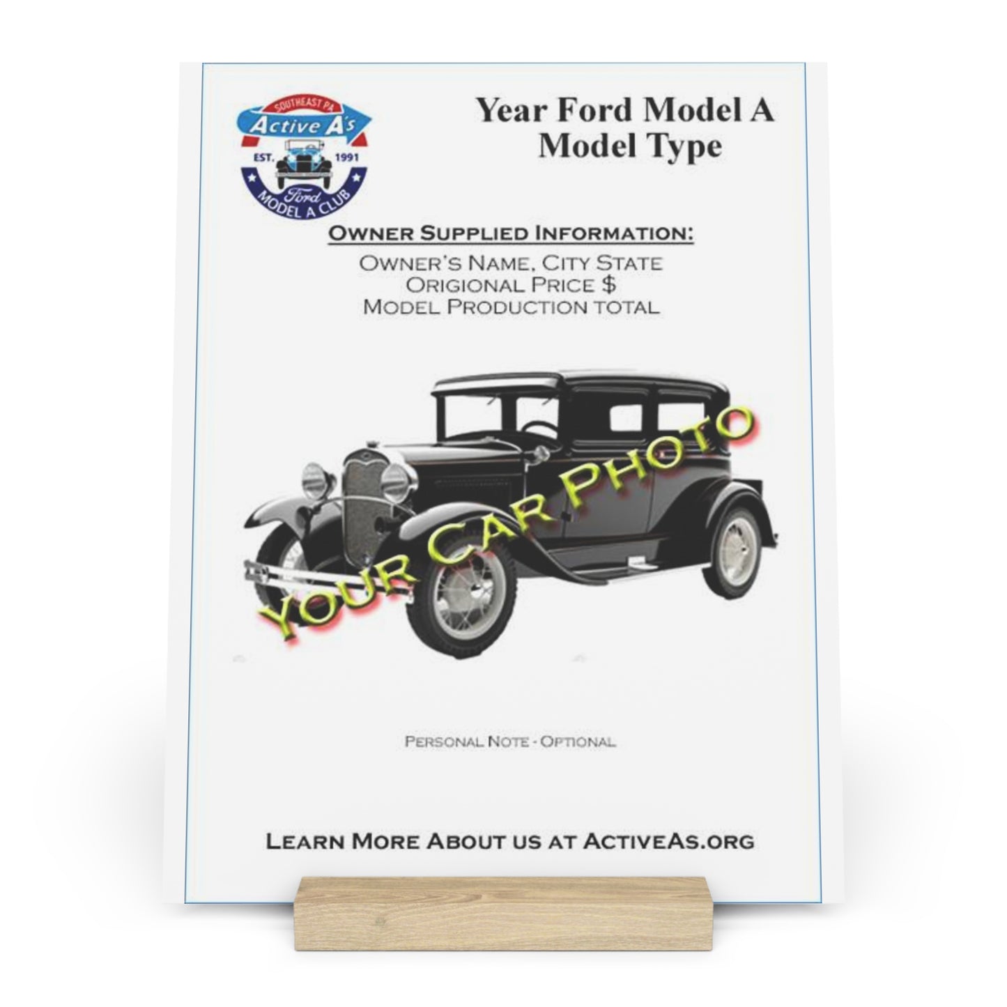 Active A's Ford Model A Club Gallery Board with Wooden Stand – Customizable Display Plaque