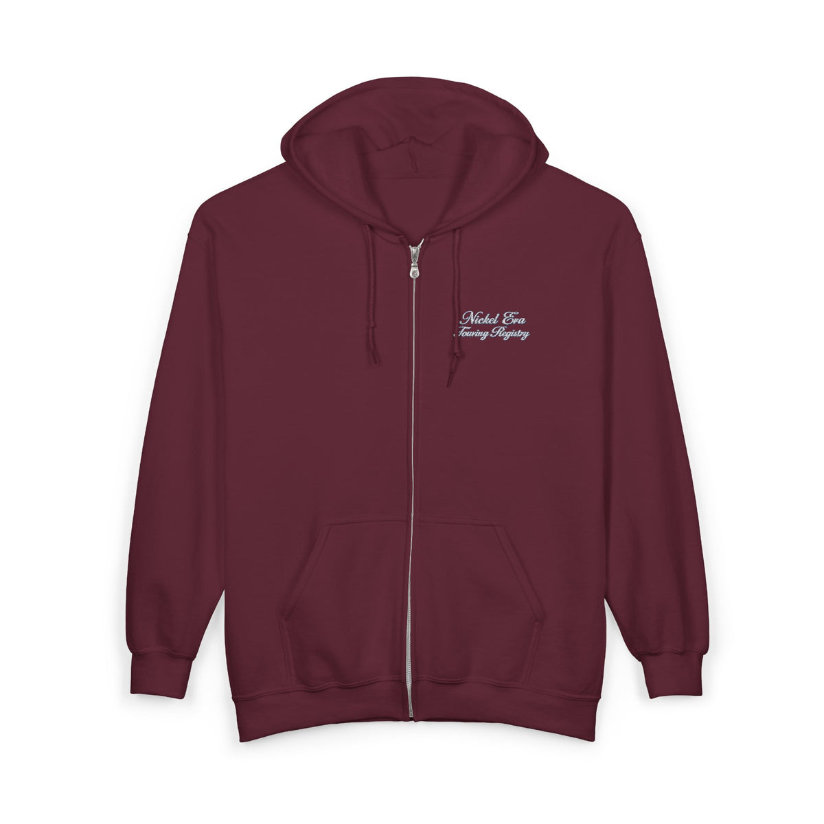 Nickel Era Touring Registry Hoodie with Embroidered Script Chest Text — Unisex Heavy Blend™ Full Zip Hooded Sweatshirt