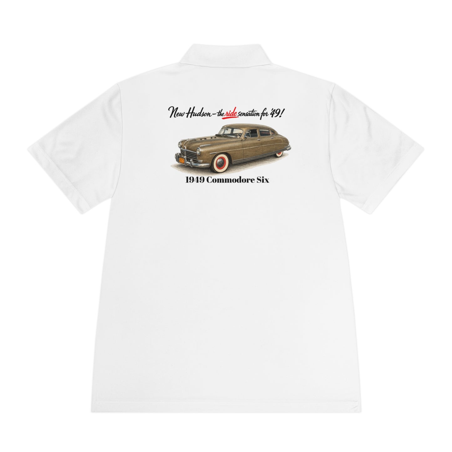 1949 Hudson Commodore Six Polo Shirt — Vintage Hudson Car Graphic Men's Sport Polo (DT)