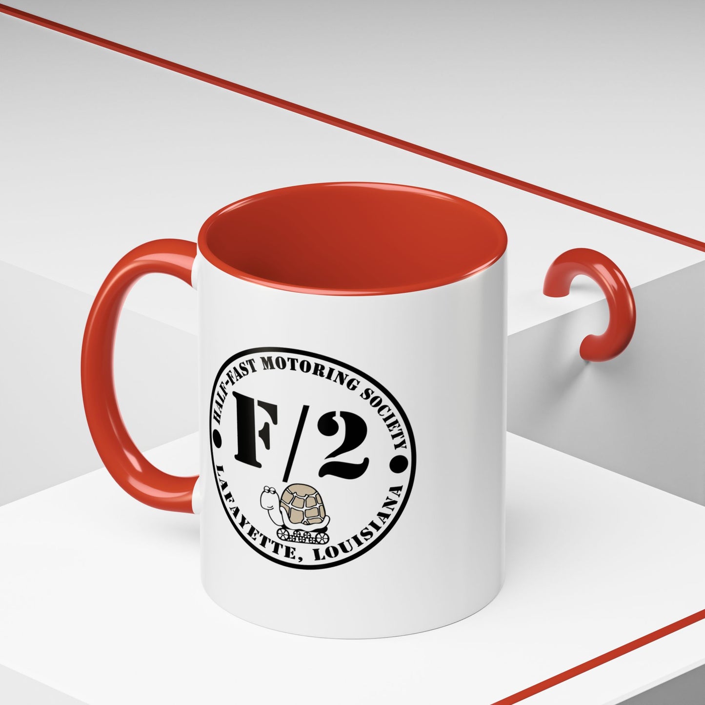 F/2 Half-Fast Motoring Society Accent Coffee Mug — Lafayette, Louisiana Emblem (11/15oz)