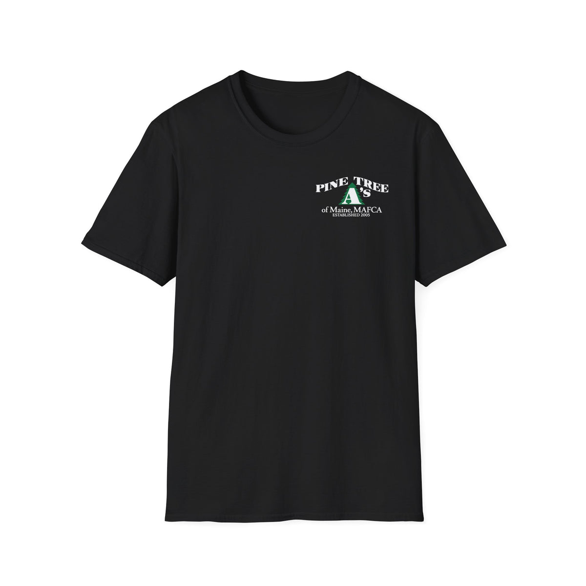 Pine Tree A's of Maine, MAFCA T‑Shirt with Front and Back Logos — Unisex Softstyle T-Shirt