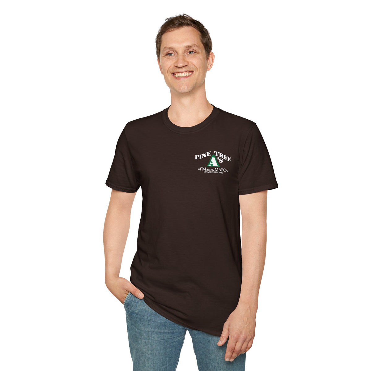 Pine Tree A's of Maine, MAFCA T‑Shirt with Front and Back Logos — Unisex Softstyle T-Shirt