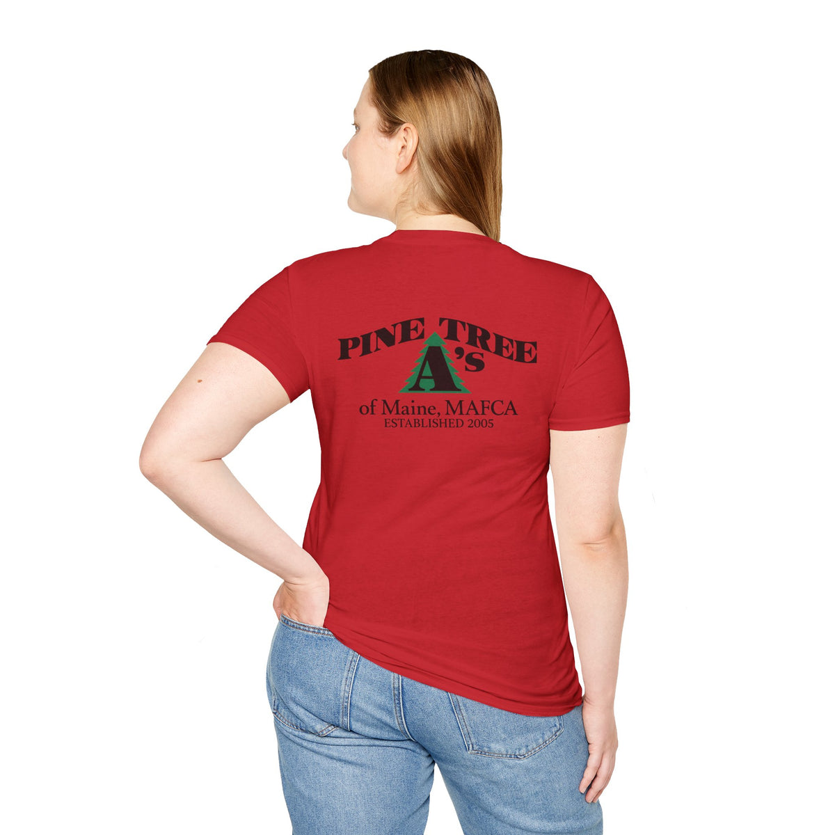 Pine Tree A's of Maine, MAFCA T‑Shirt with Front and Back Logos — Unisex Softstyle T-Shirt