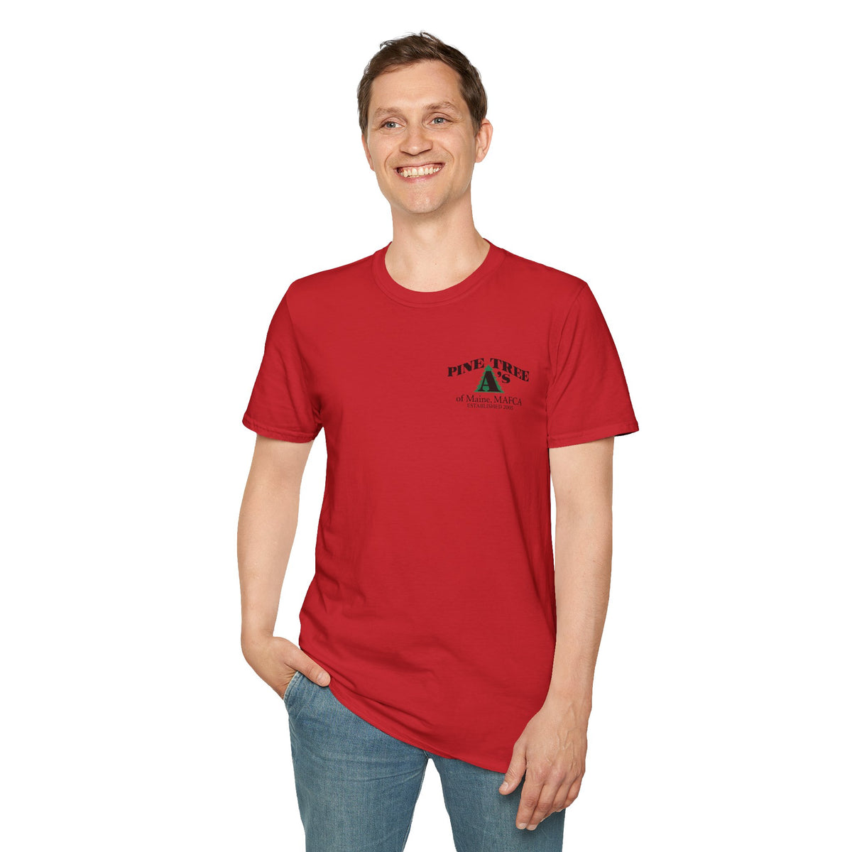 Pine Tree A's of Maine, MAFCA T‑Shirt with Front and Back Logos — Unisex Softstyle T-Shirt