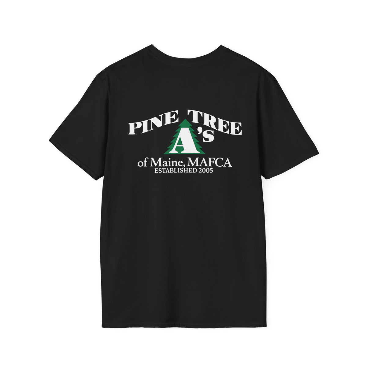 Pine Tree A's of Maine, MAFCA T‑Shirt with Front and Back Logos — Unisex Softstyle T-Shirt