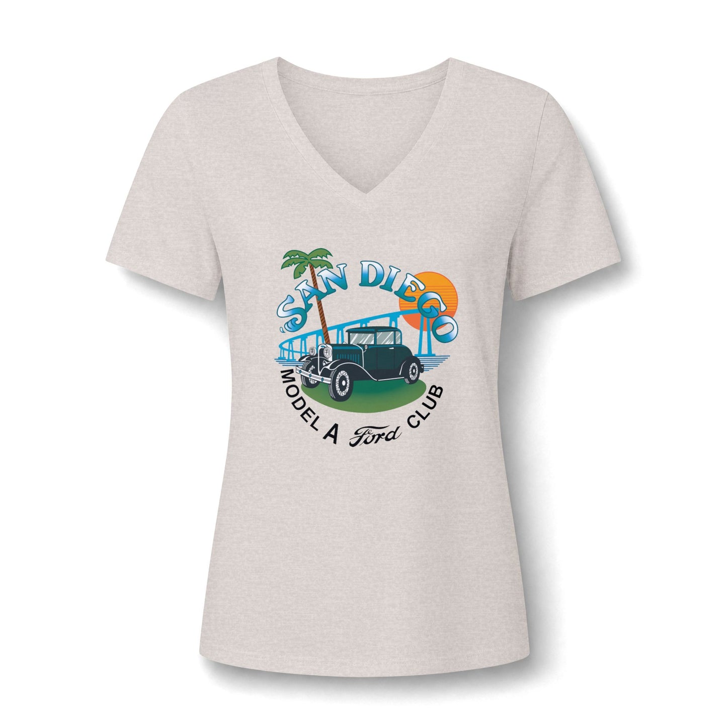 San Diego Model A Ford Club V-Neck Tee — Vintage Car Beach Graphic