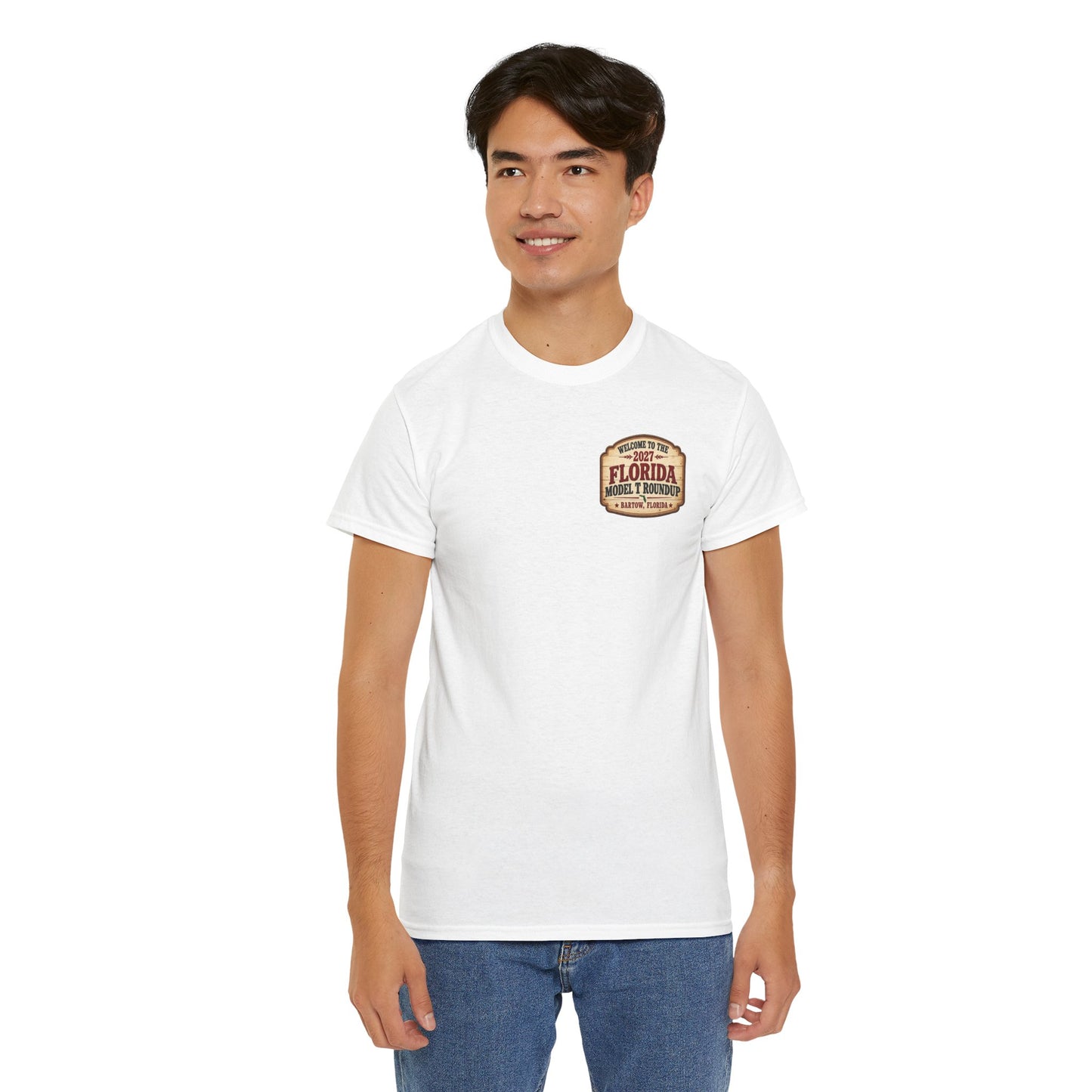 Florida Model T Roundup 2027 T-Shirt — Unisex Heavy Cotton Tee (Front and Back Graphic)