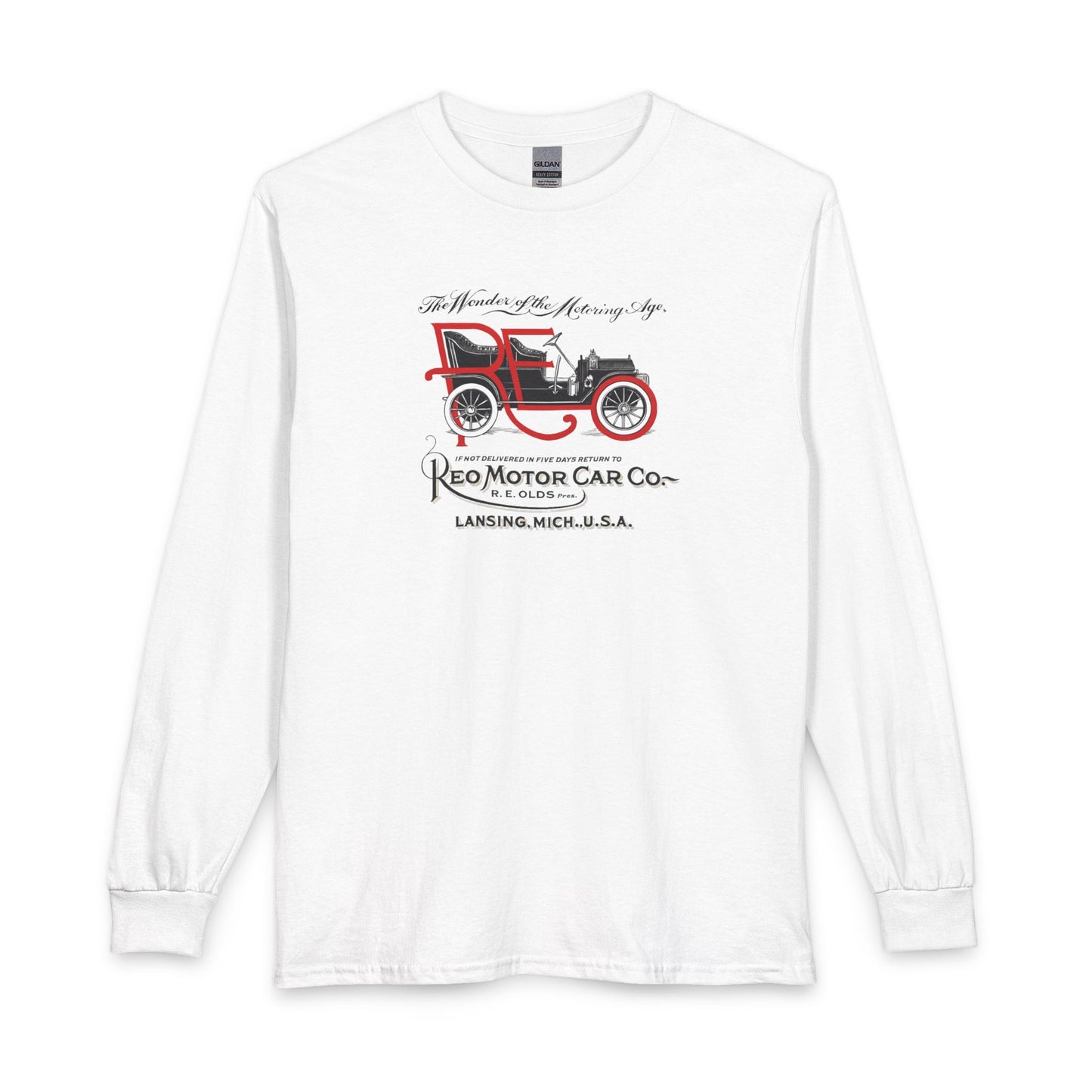 Vintage REO Motor Car Co. Long Sleeve Tee — Retro Antique Car Graphic