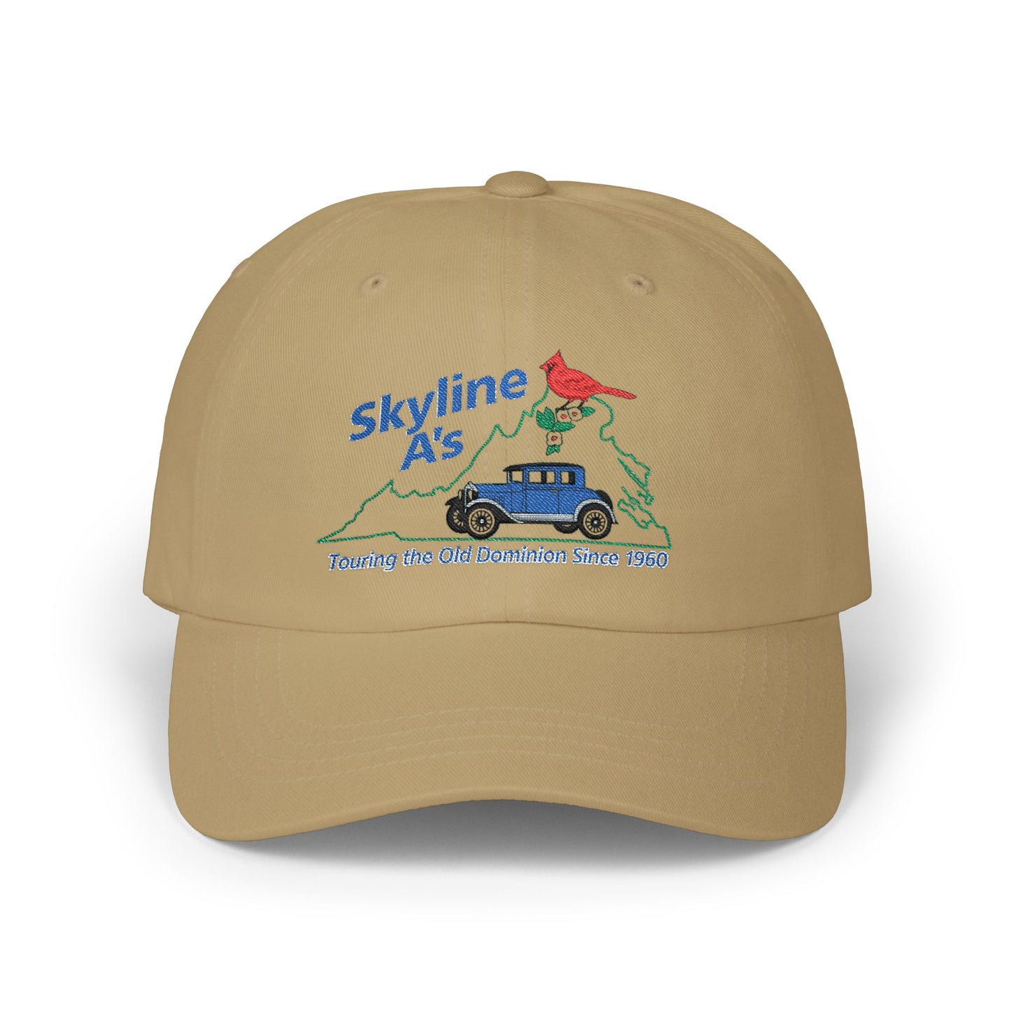 Skyline A's Embroidered Dad Hat — Vintage Car & Cardinal Design