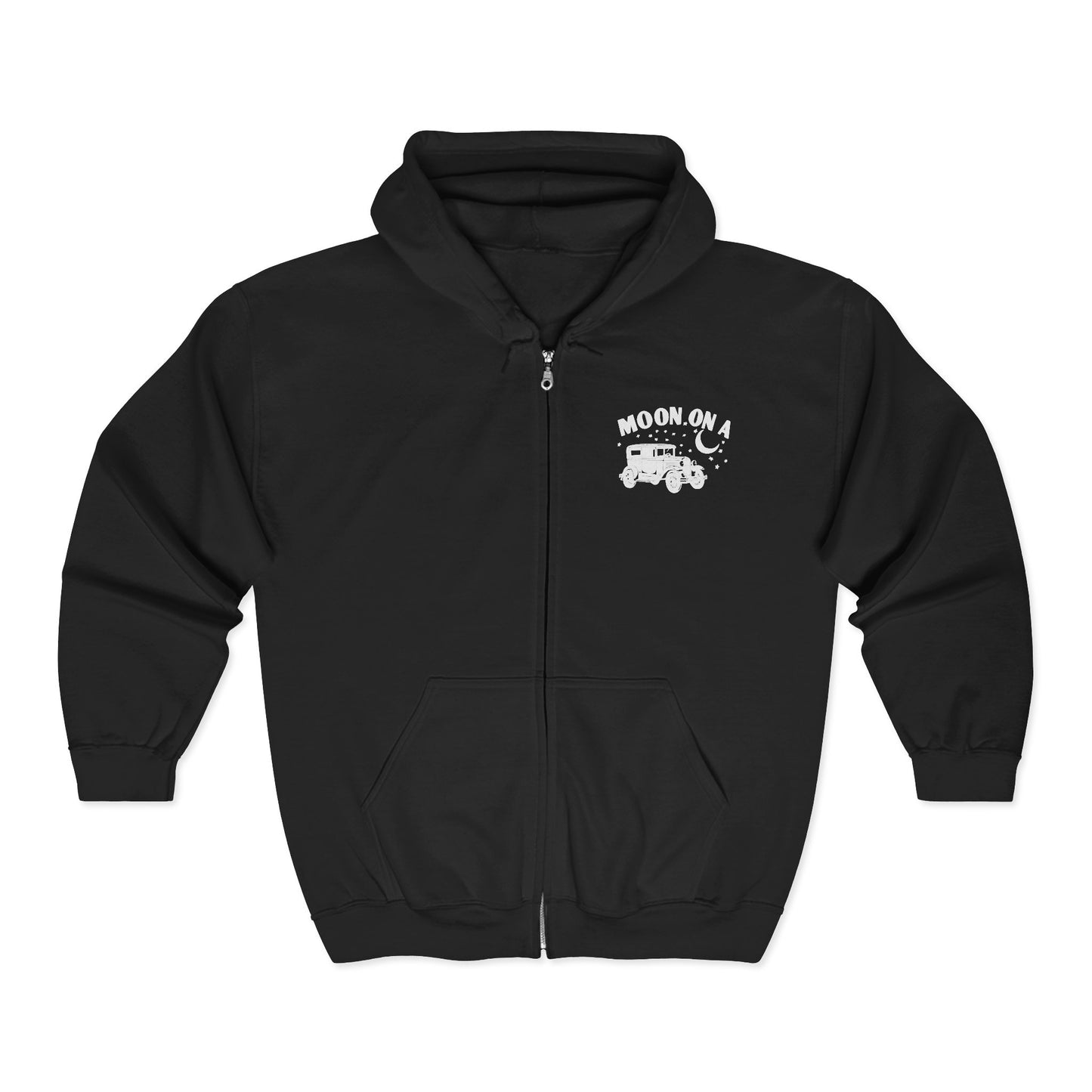 Moon On A Full Zip Hoodie - Small Logo on Front and Large Logo on Back