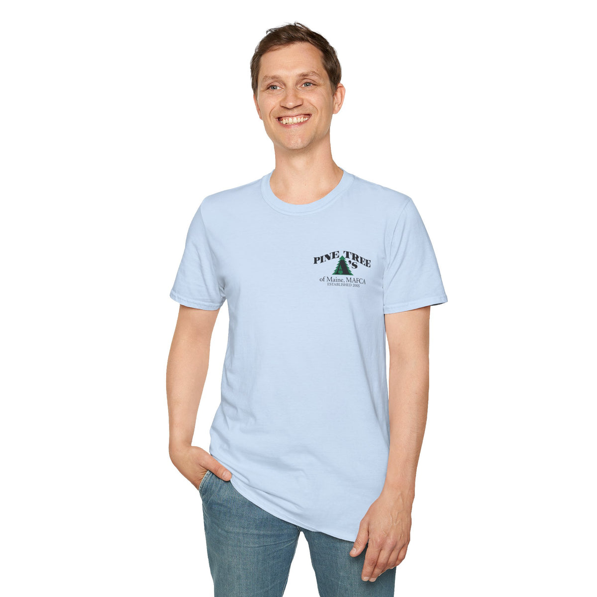 Pine Tree A's of Maine, MAFCA T‑Shirt with Front and Back Logos — Unisex Softstyle T-Shirt