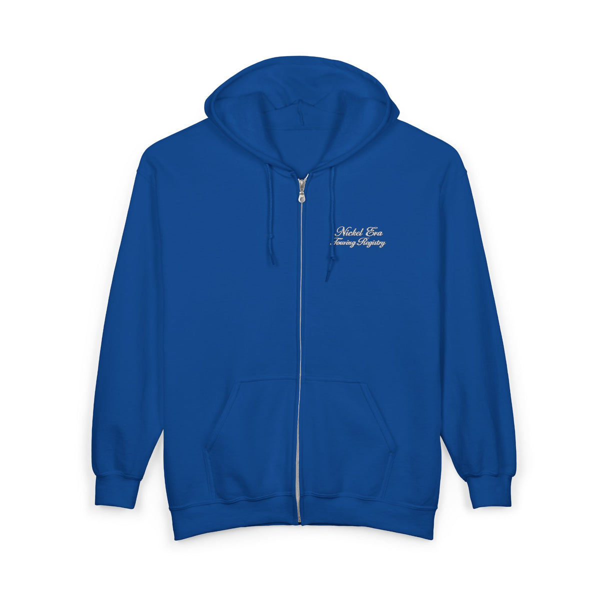 Nickel Era Touring Registry Hoodie with Embroidered Script Chest Text — Unisex Heavy Blend™ Full Zip Hooded Sweatshirt