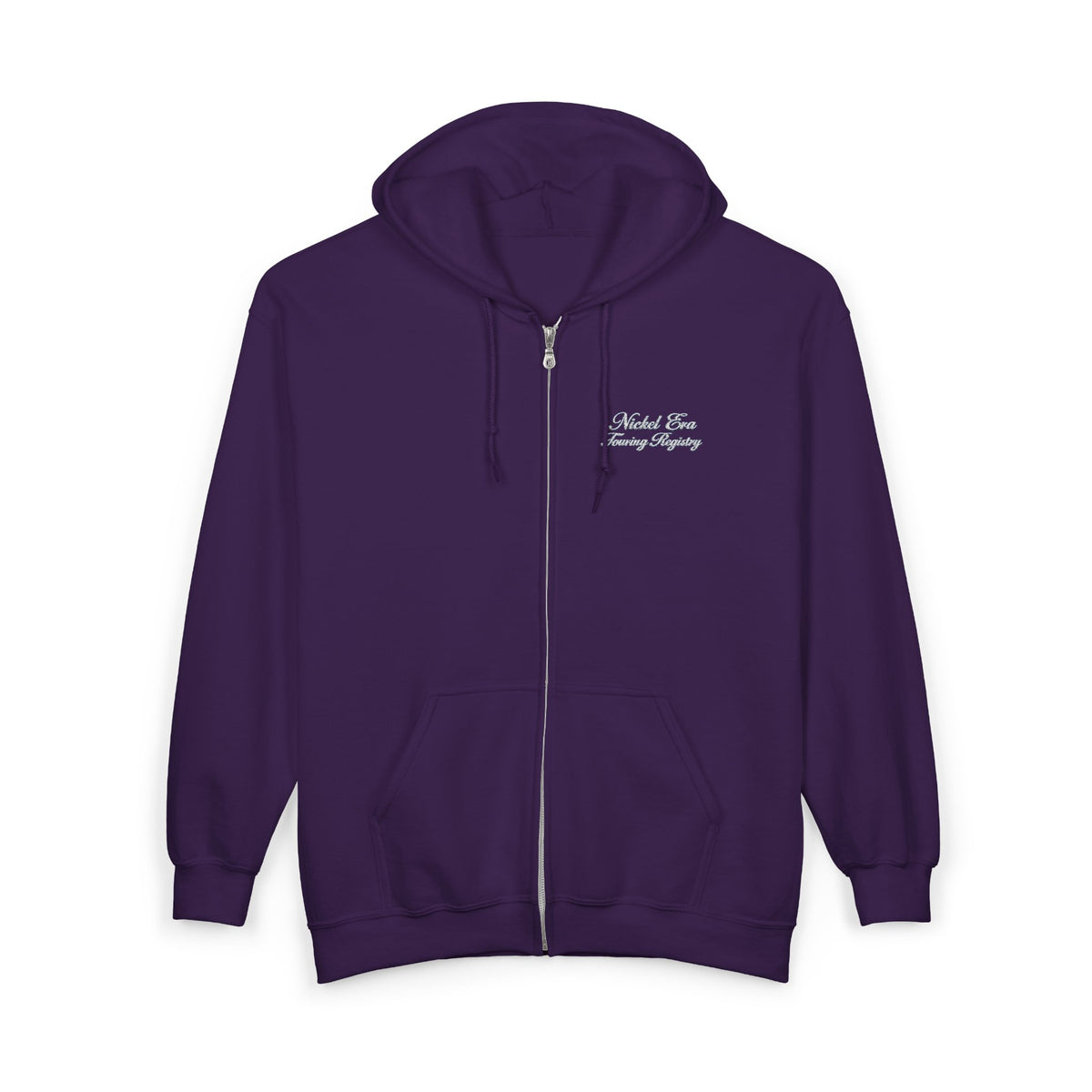 Nickel Era Touring Registry Hoodie with Embroidered Script Chest Text — Unisex Heavy Blend™ Full Zip Hooded Sweatshirt
