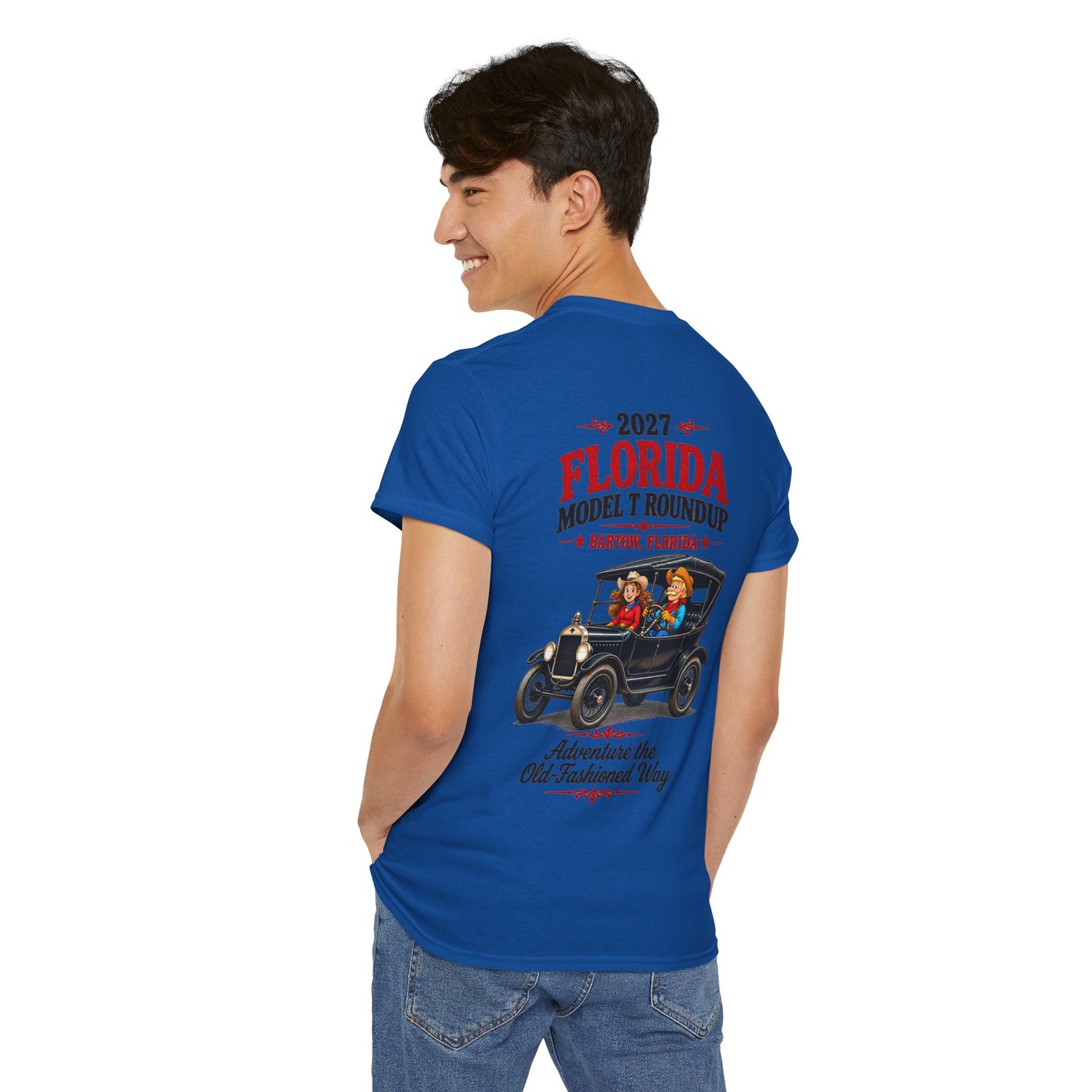 Florida Model T Roundup 2027 T-Shirt — Unisex Heavy Cotton Tee (Front and Back Graphic)