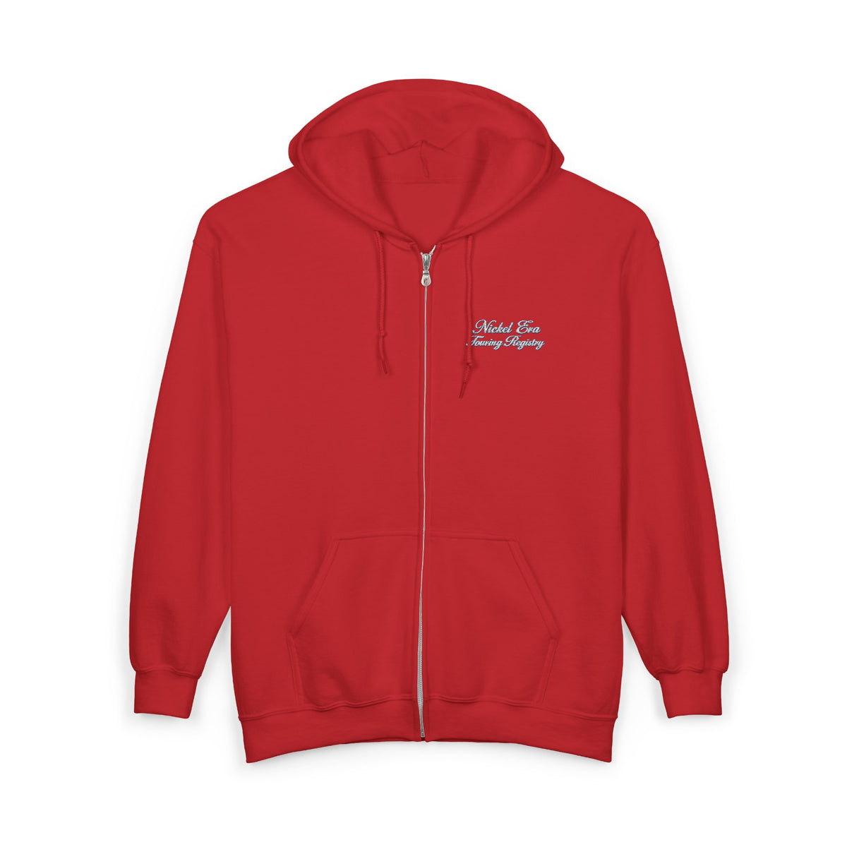 Nickel Era Touring Registry Hoodie with Embroidered Script Chest Text — Unisex Heavy Blend™ Full Zip Hooded Sweatshirt