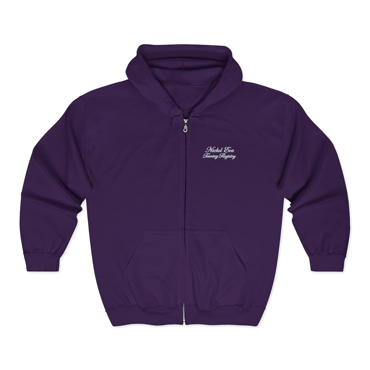 Nickel Era Touring Registry Hoodie with Embroidered Script Chest Text — Unisex Heavy Blend™ Full Zip Hooded Sweatshirt