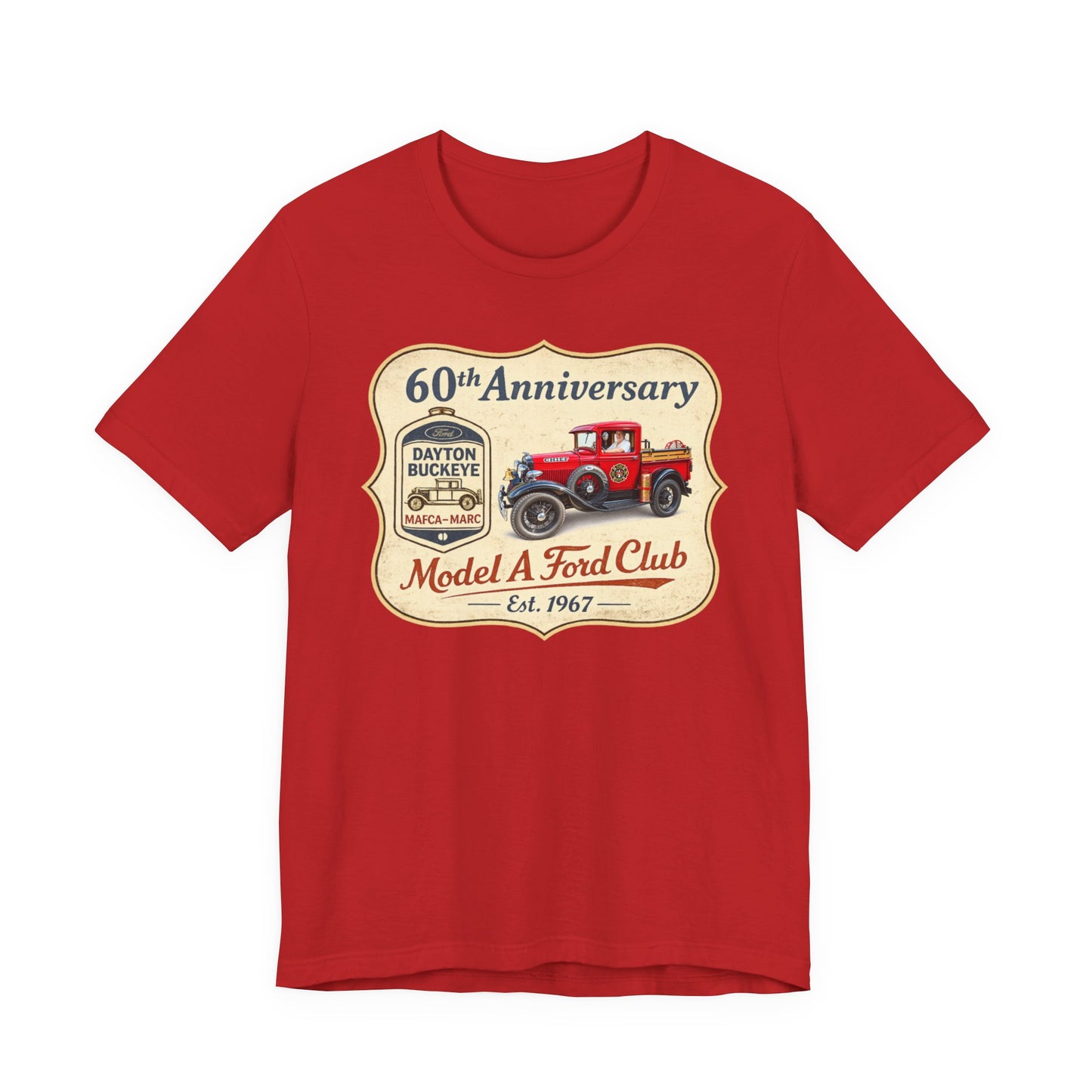 Dayton Buckeye Model A Ford Club 60th Anniversary Tee (LTG) - Vintage Red Fire Truck Tee