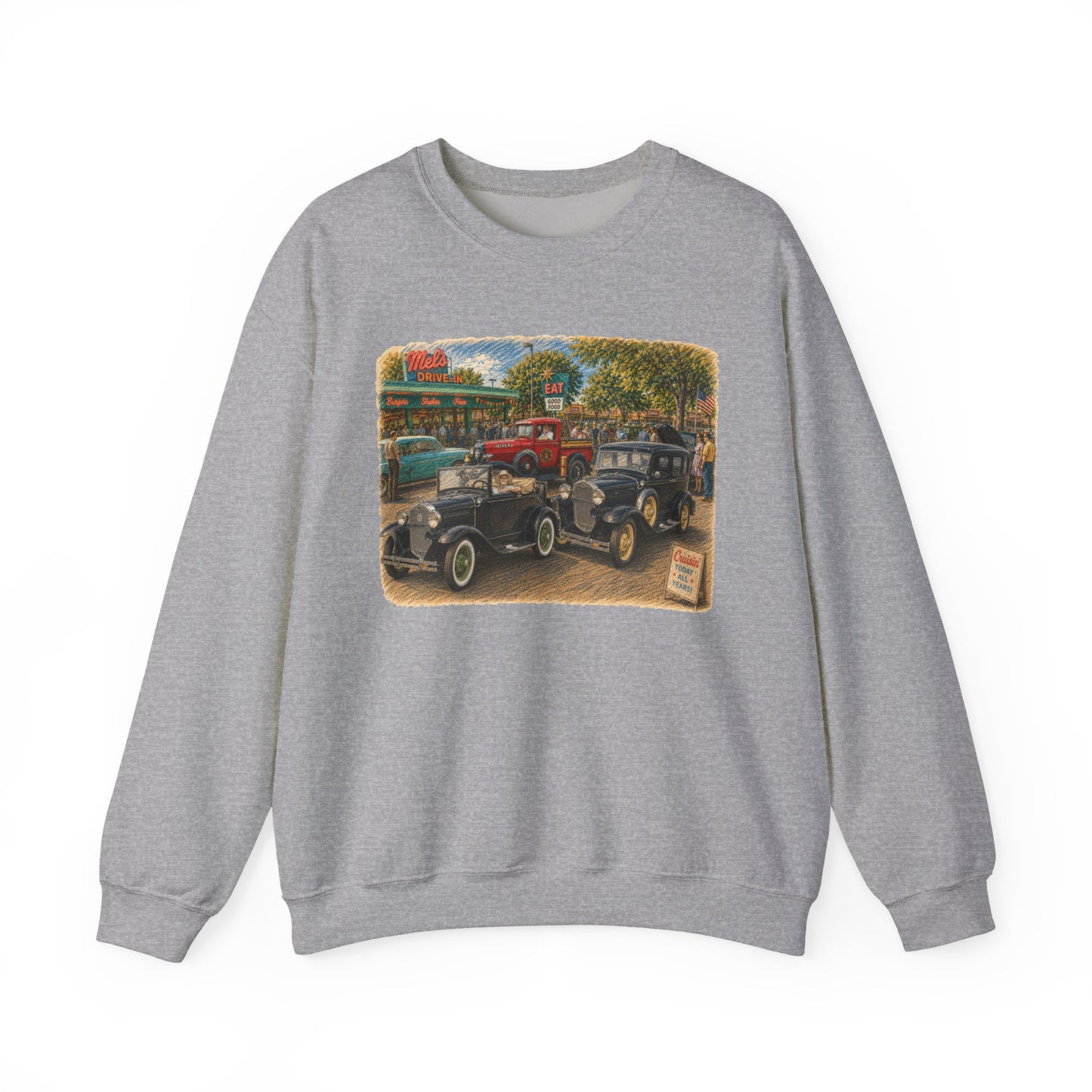 Mel's Drive-In (LTG) Crewneck Sweatshirt — Retro Antique Car Scene