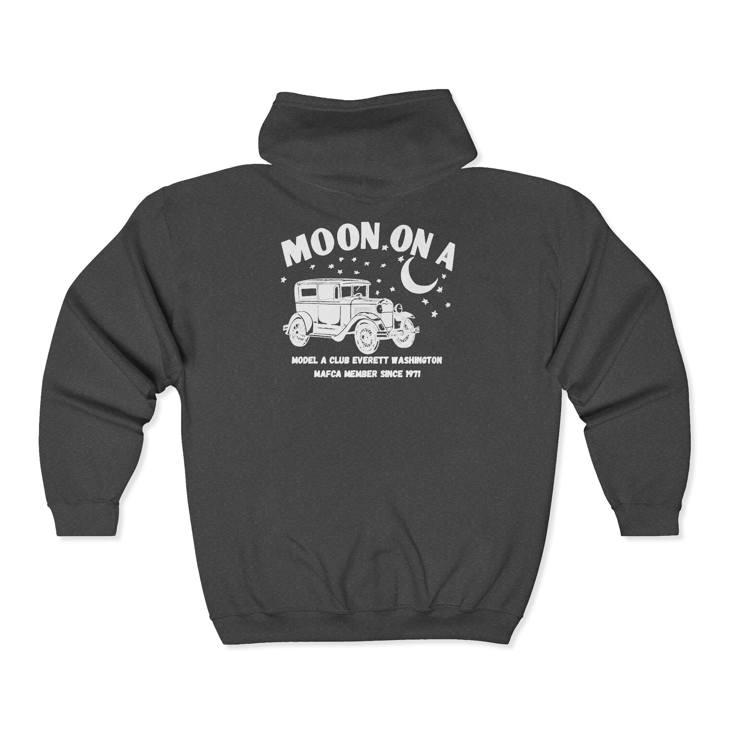 Moon On A Full Zip Hoodie - Small Logo on Front and Large Logo on Back