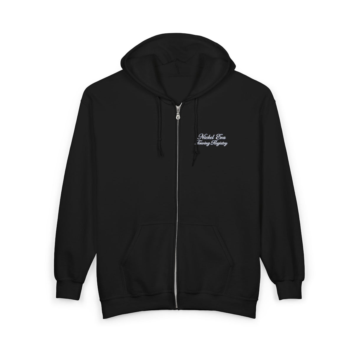 Nickel Era Touring Registry Hoodie with Embroidered Script Chest Text — Unisex Heavy Blend™ Full Zip Hooded Sweatshirt