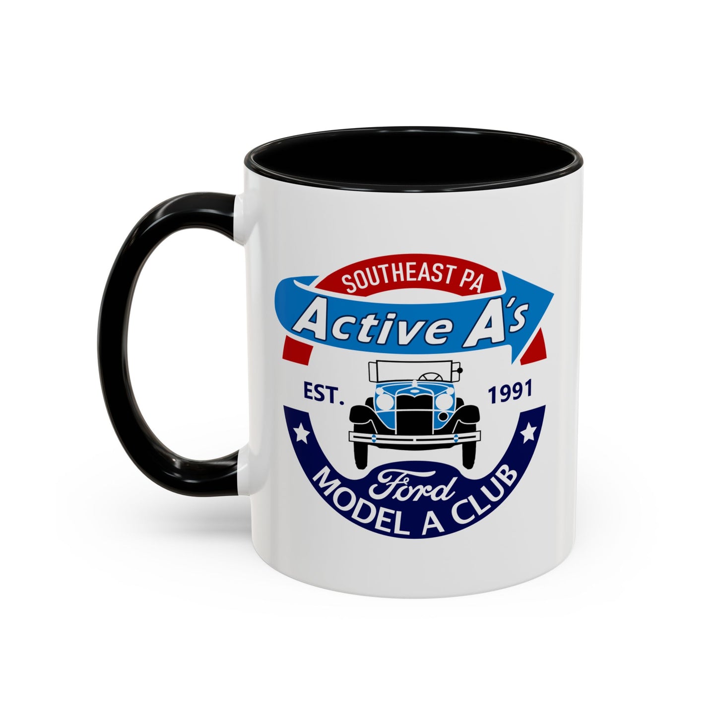 Ford Model A Club Coffee Mug — "Active A's" Southeast PA Vintage Car Design (11/15 oz)