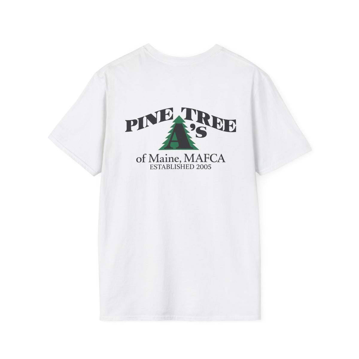 Pine Tree A's of Maine, MAFCA T‑Shirt with Front and Back Logos — Unisex Softstyle T-Shirt