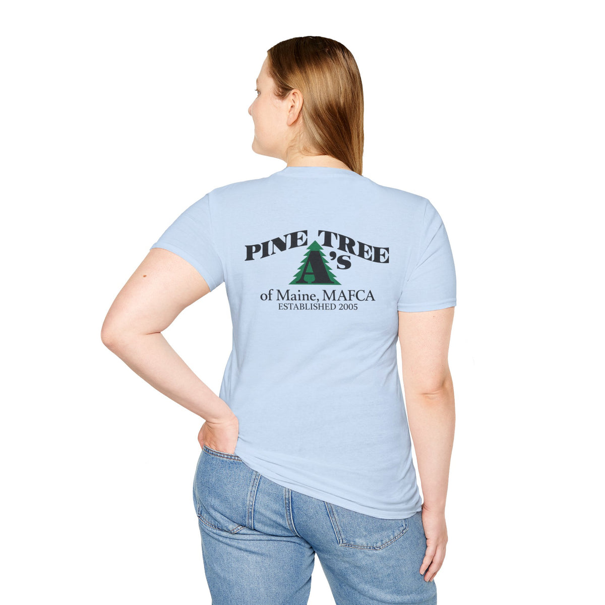 Pine Tree A's of Maine, MAFCA T‑Shirt with Front and Back Logos — Unisex Softstyle T-Shirt