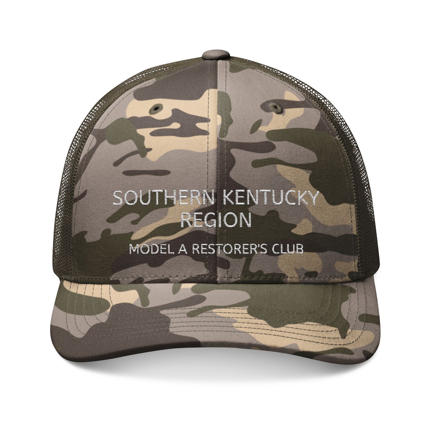 Southern Kentucky Region Model A Restorer's Club Camouflage Trucker Hat — Embroidered Mesh Cap