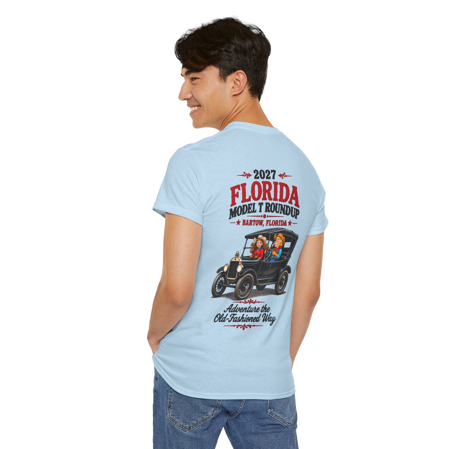 Florida Model T Roundup 2027 T-Shirt — Unisex Heavy Cotton Tee (Front and Back Graphic)