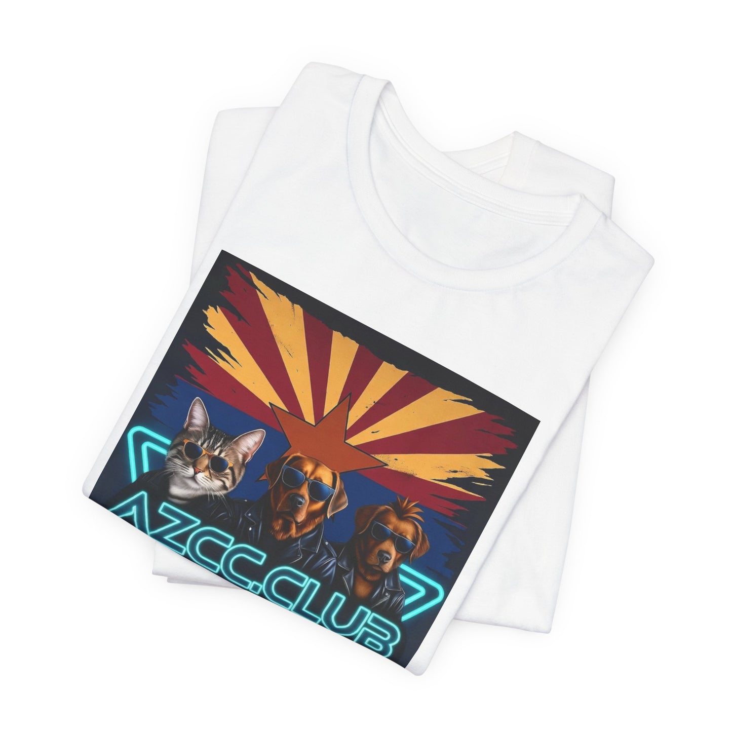 Arizona Corvette Club Tee — "AZCC.CLUB" Neon Retro Cat & Dog Corvette Tee
