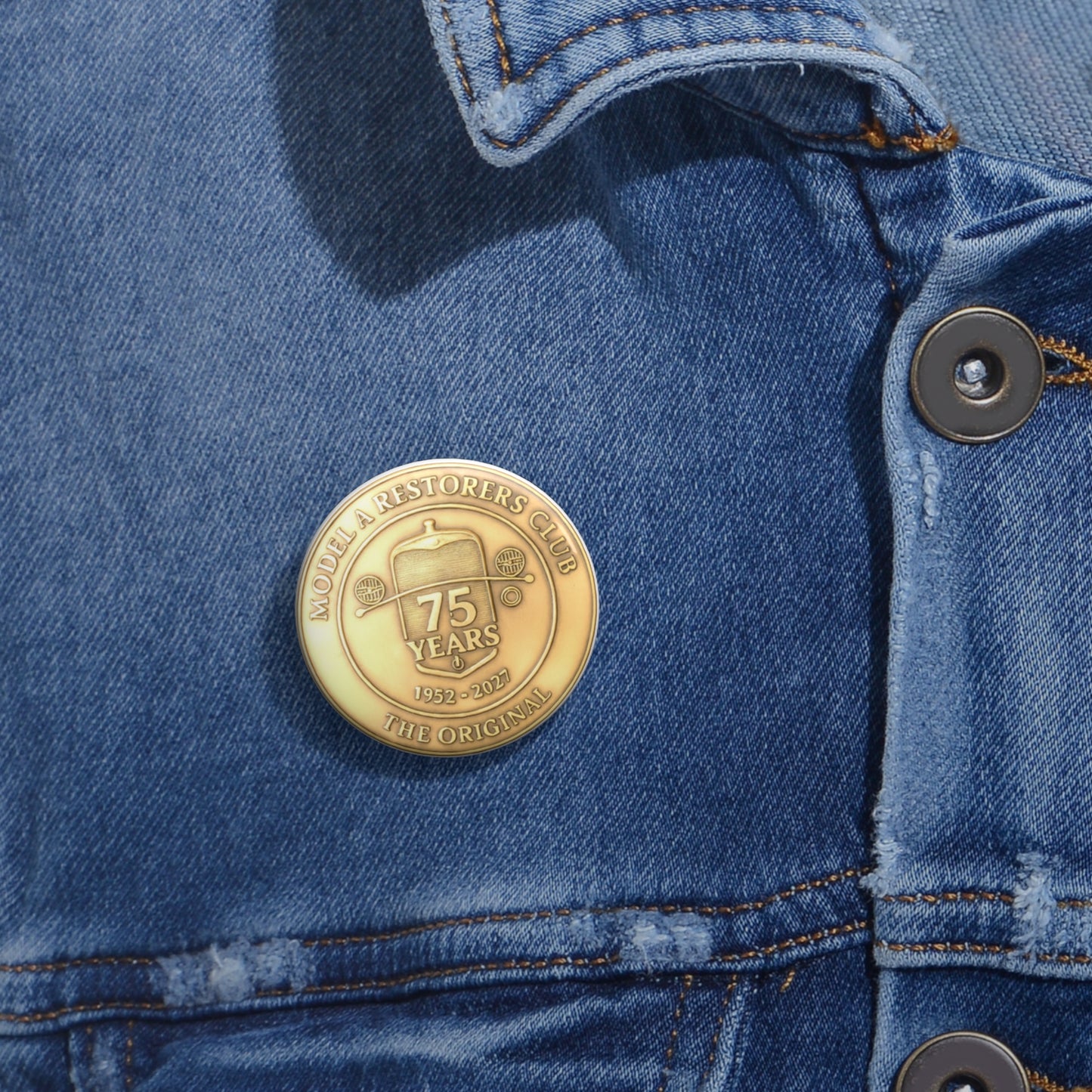 Commemorative 75th Anniversary Pin Button — Model A Restorers Club Badge (1952–2027)