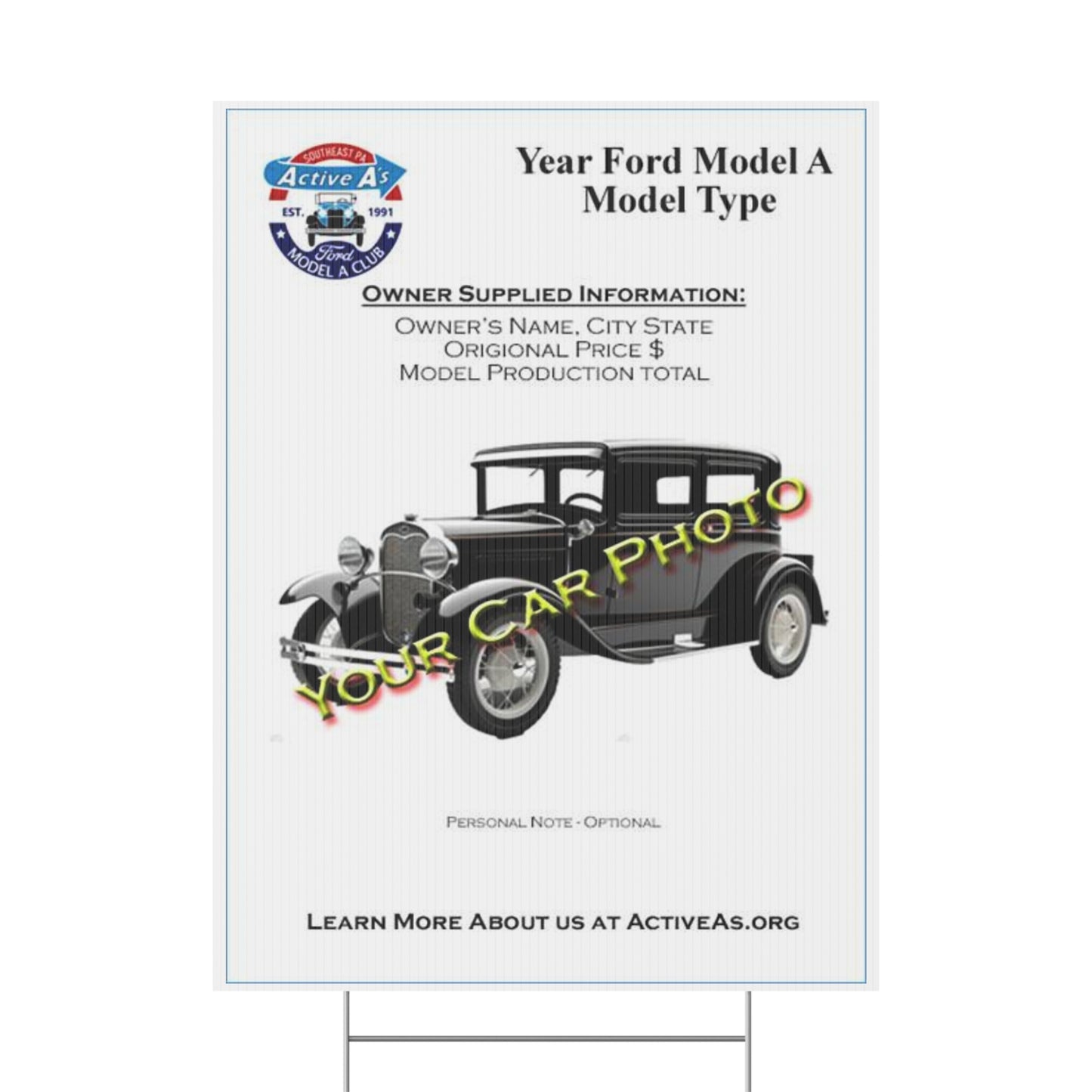 Active A's Ford Model A Club Plastic Sign — "Active A’s" Southeast PA Ford Model A Club Vintage Car Design