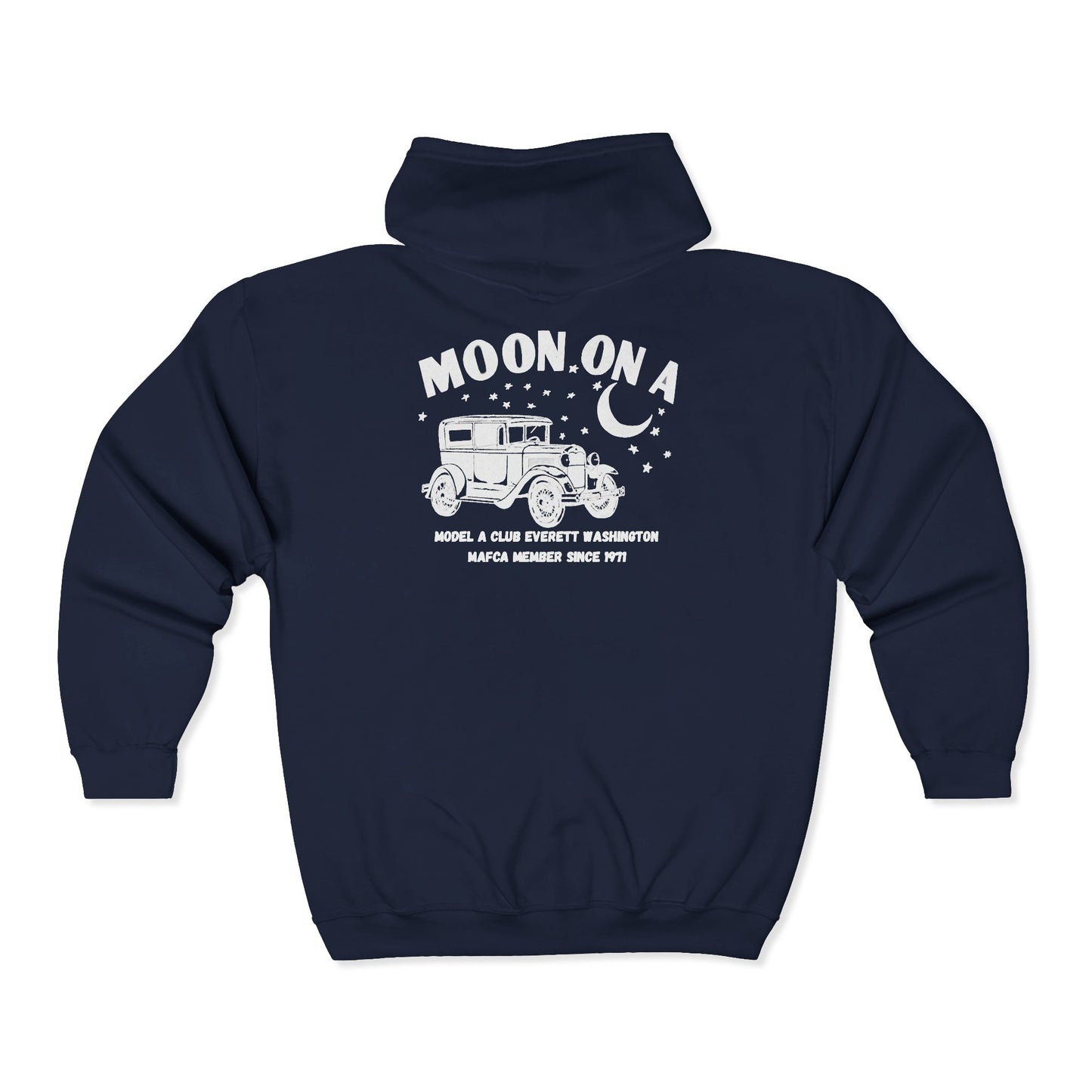 Moon On A Full Zip Hoodie - Small Logo on Front and Large Logo on Back