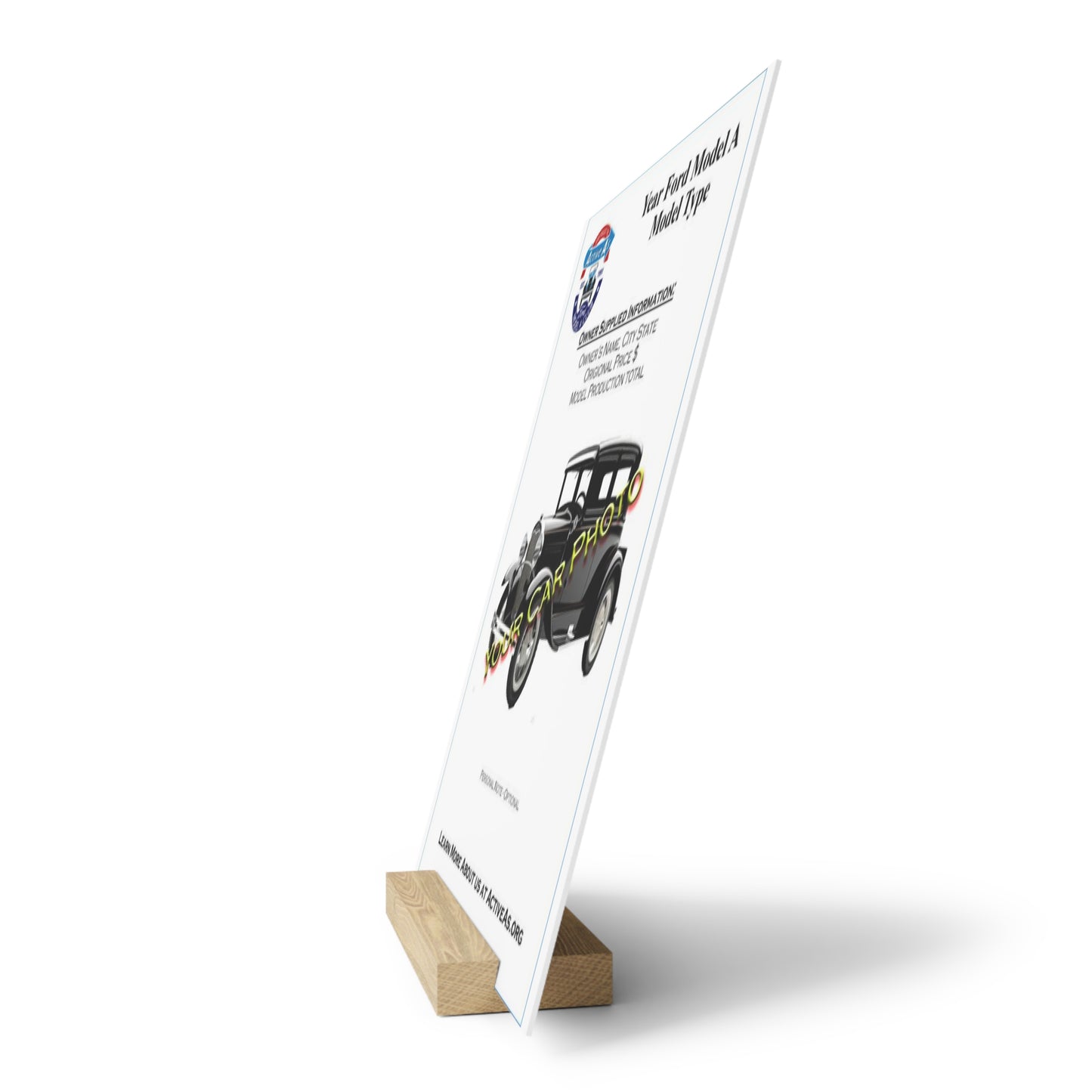 Active A's Ford Model A Club Gallery Board with Wooden Stand – Customizable Display Plaque