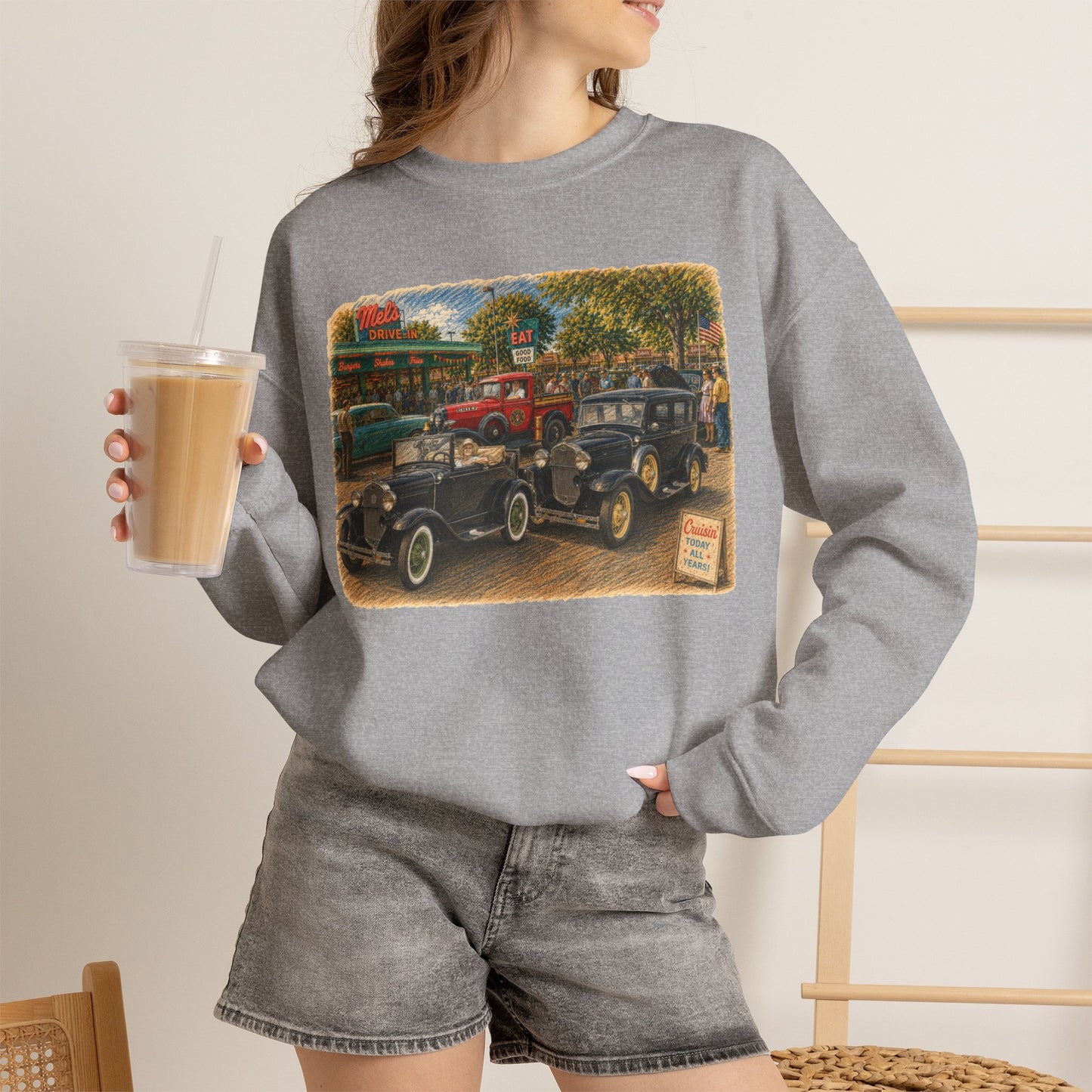Mel's Drive-In (LTG) Crewneck Sweatshirt — Retro Antique Car Scene