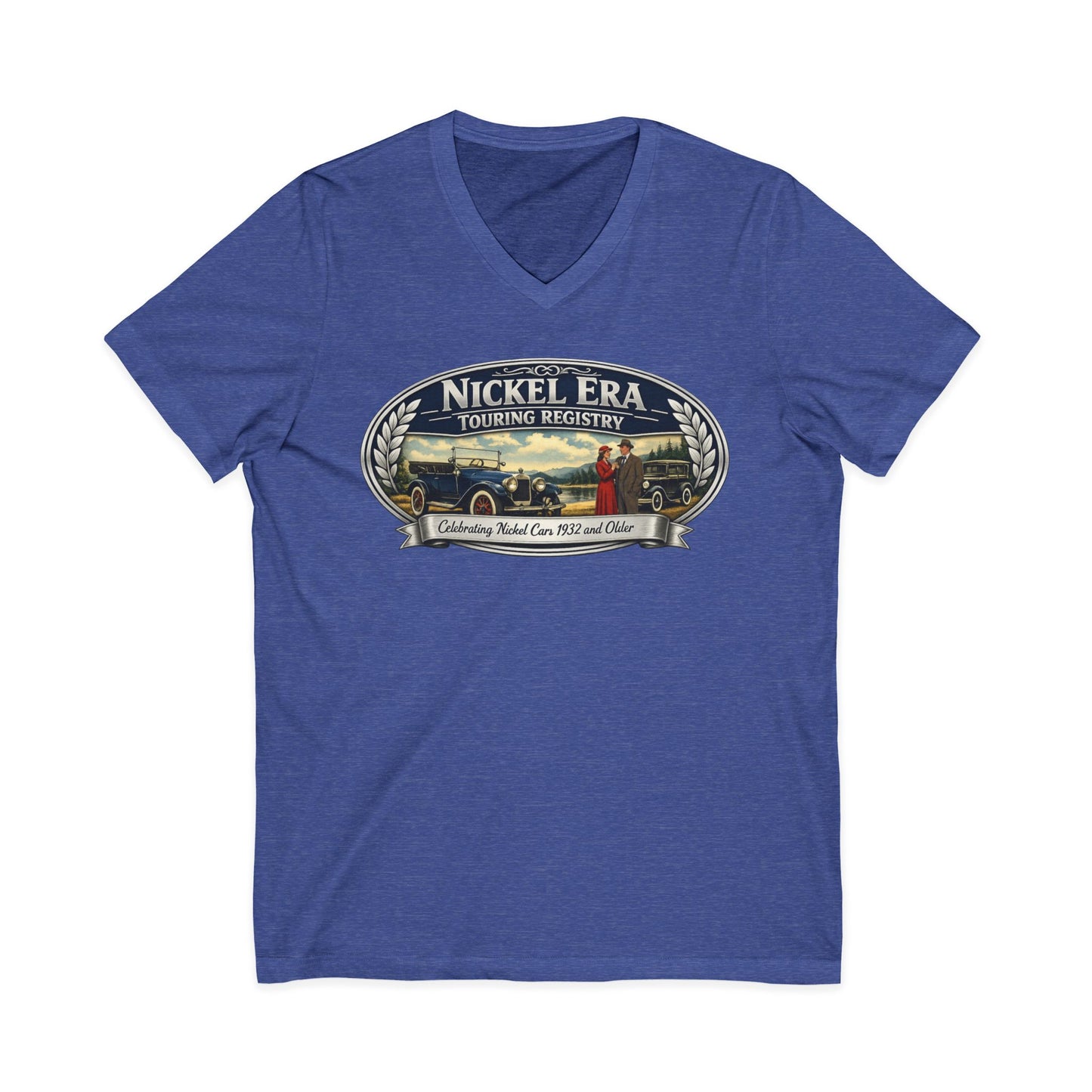 Nickel Era Touring Registry Women's V-Neck Tee — Vintage Car Club Graphic Shirt