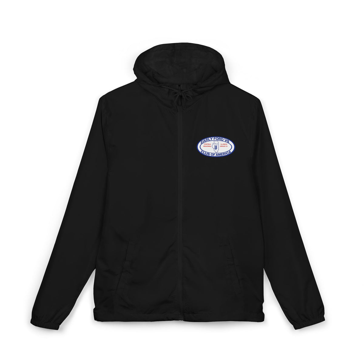 Central Illinois Early Ford V8 Windbreaker Jacket with Front and Back Logos